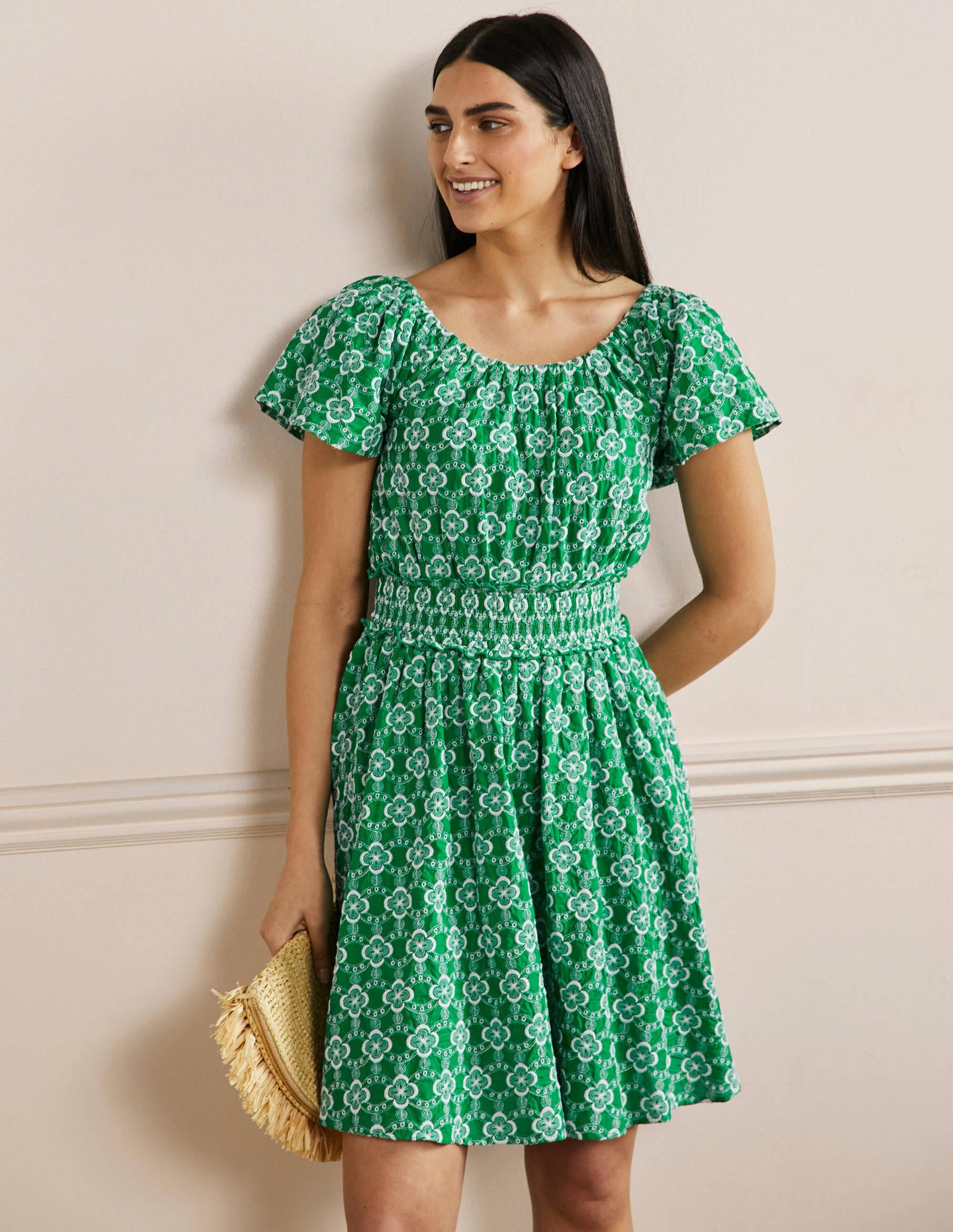 Scoop Neck Embroidered Dress-Green Geo - Image 1