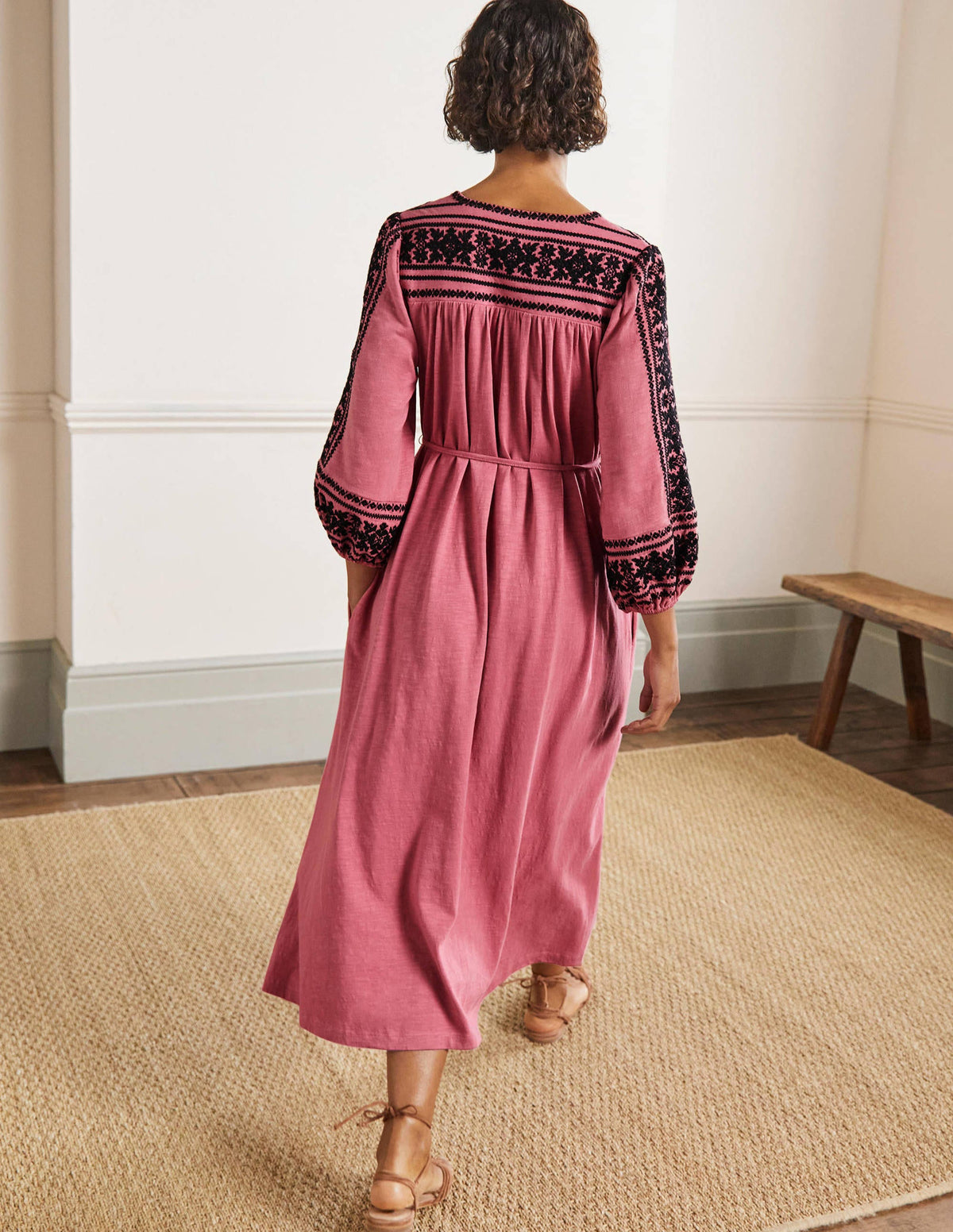 Embroidered Jersey Midi Dress-Dusty red-3