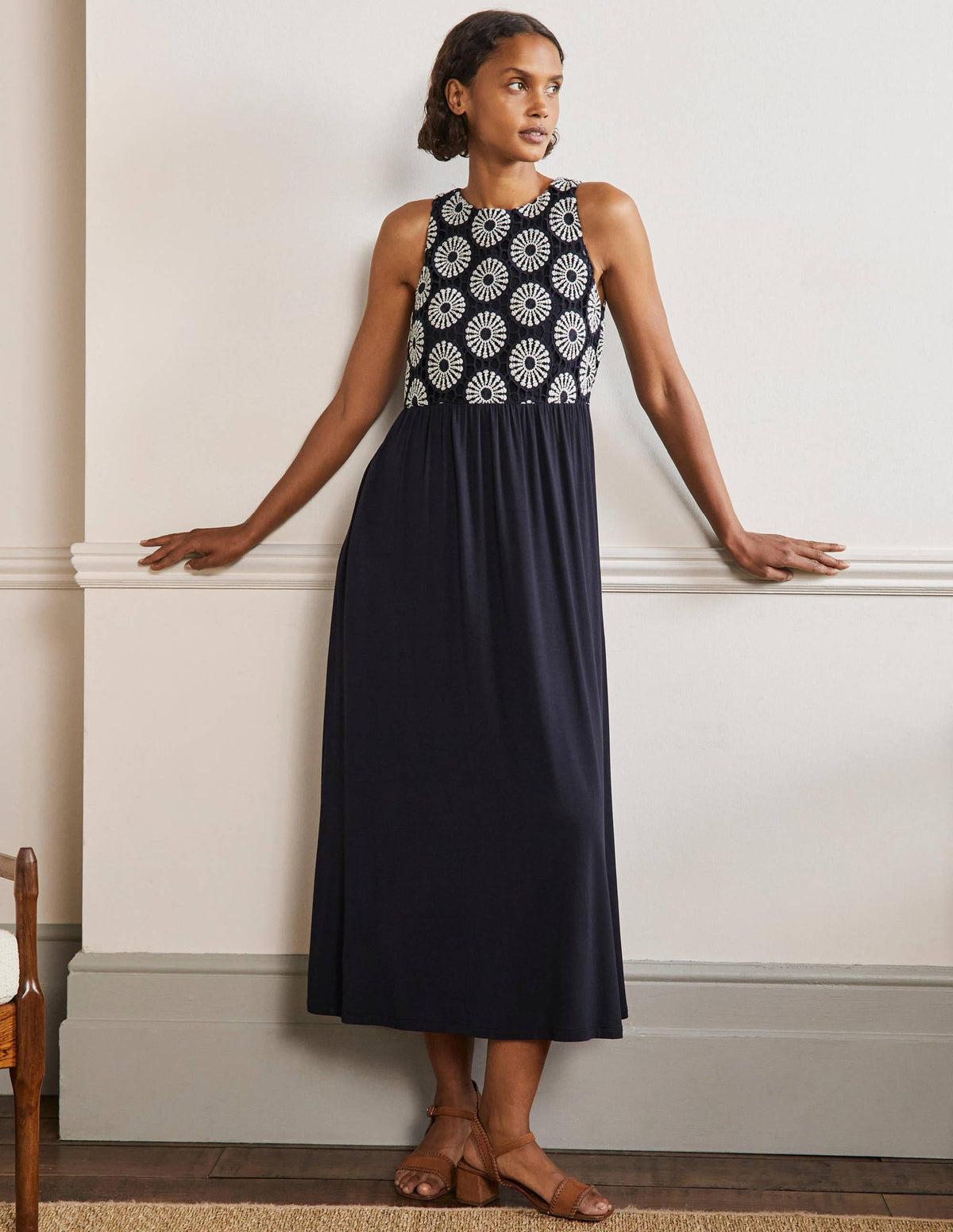 Crochet Jersey Midi Dress-Navy-1