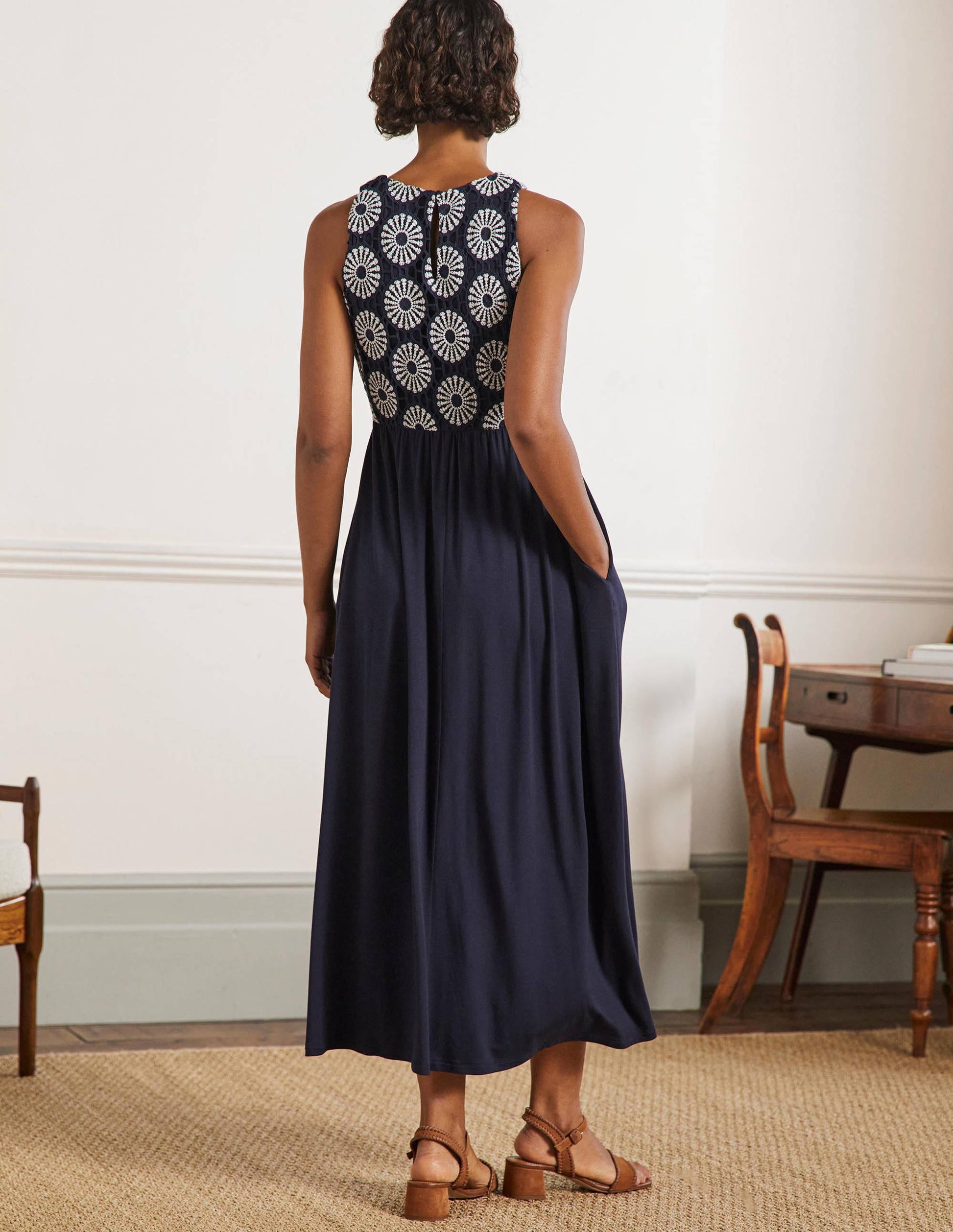 Crochet Jersey Midi Dress-Navy-3