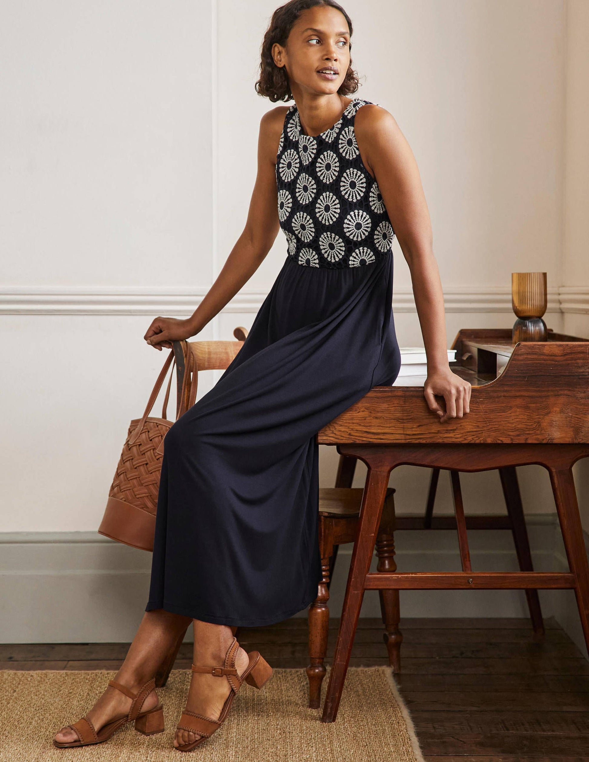 Crochet Jersey Midi Dress-Navy-4