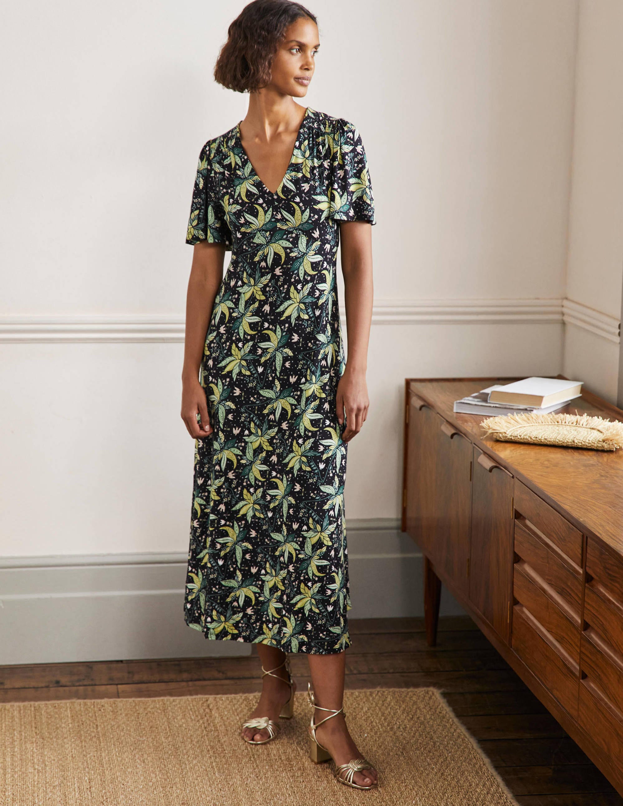 Jersey Midi Tea Dress-Black, Oriental Cascade - Image 1