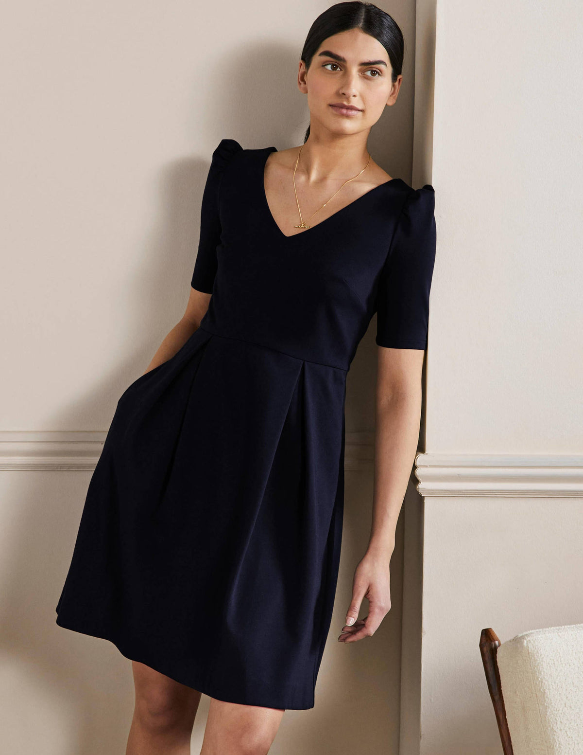 Puff Shoulder Jersey Dress-Navy - Image 1