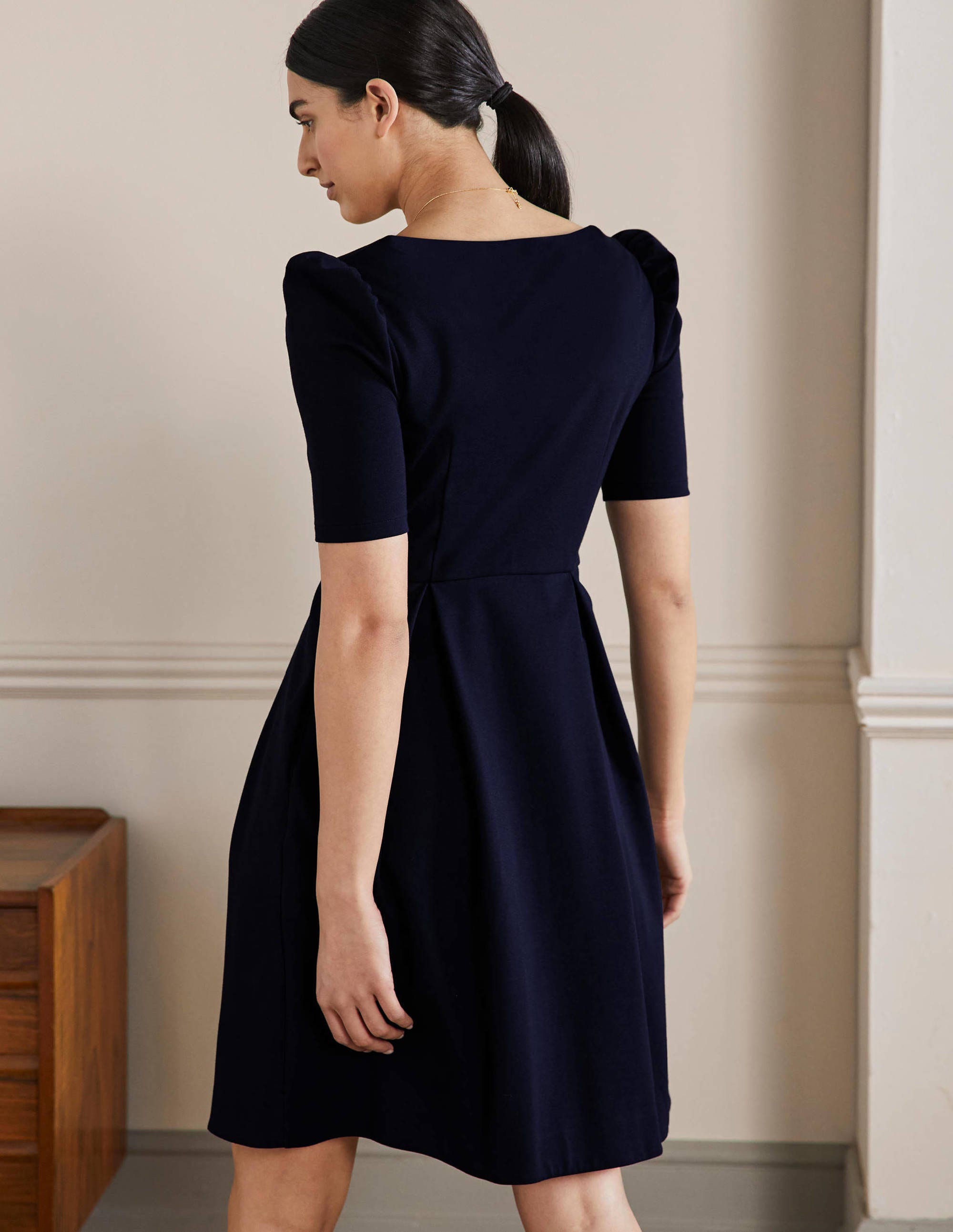 Puff Shoulder Jersey Dress-Navy - Image 3