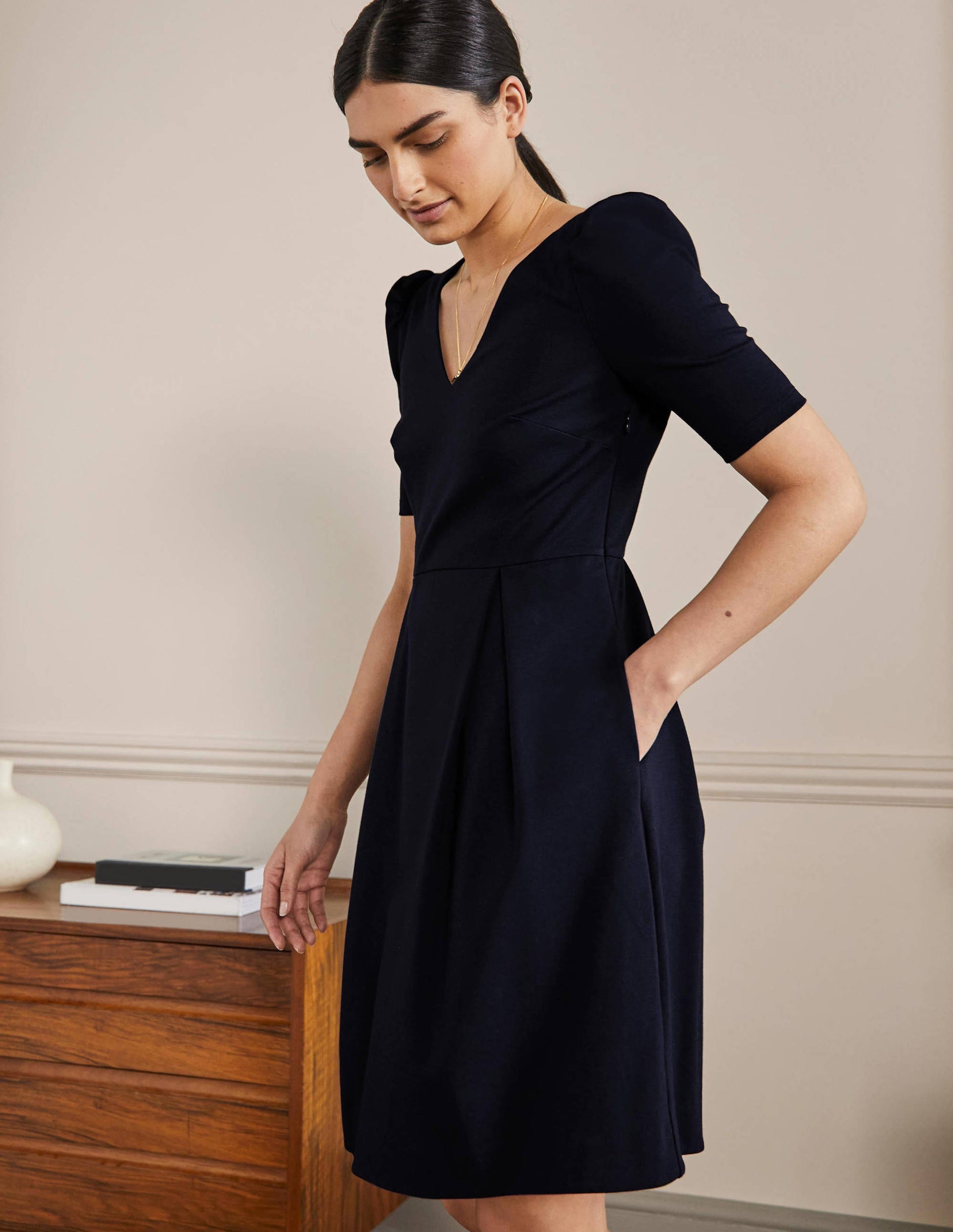 Puff Shoulder Jersey Dress-Navy-5