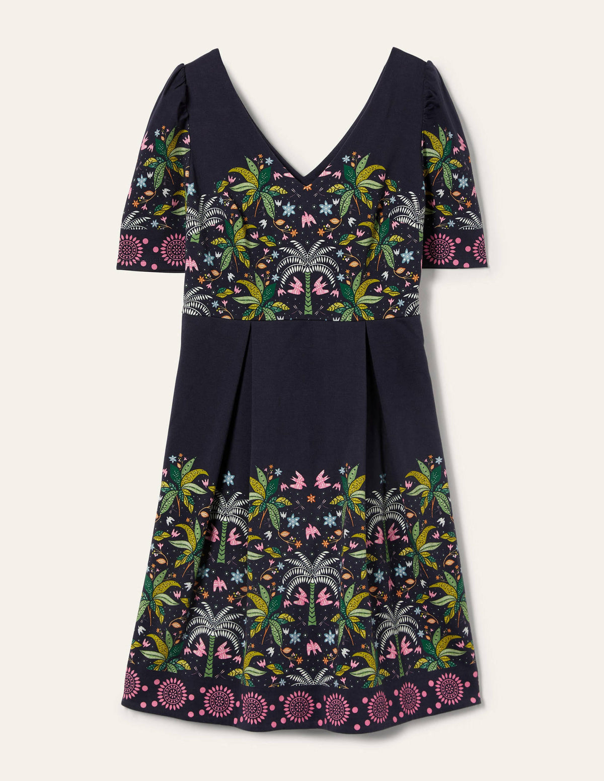 Puff Shoulder Jersey Dress-Navy, Oriental Palm-5