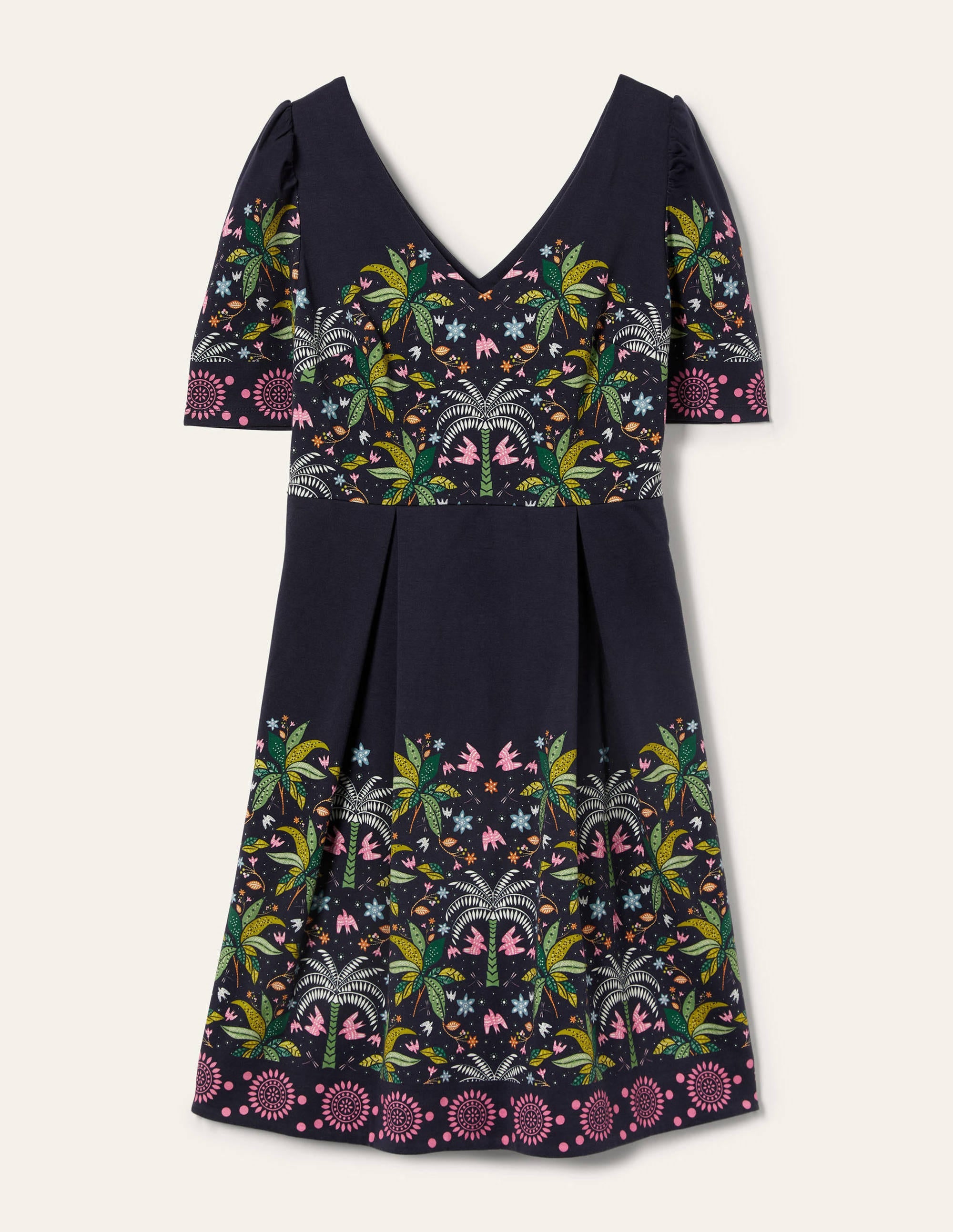 Puff Shoulder Jersey Dress-Navy, Oriental Palm - Image 5