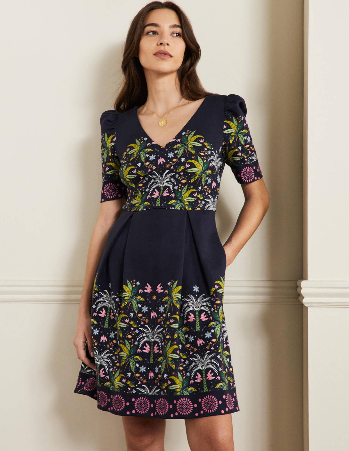 Puff Shoulder Jersey Dress-Navy, Oriental Palm-1