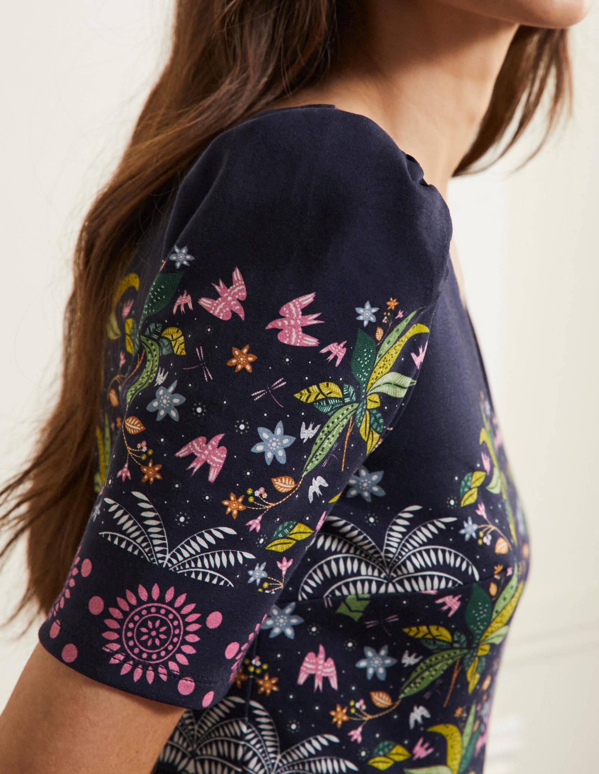 Puff Shoulder Jersey Dress-Navy, Oriental Palm - Image 2