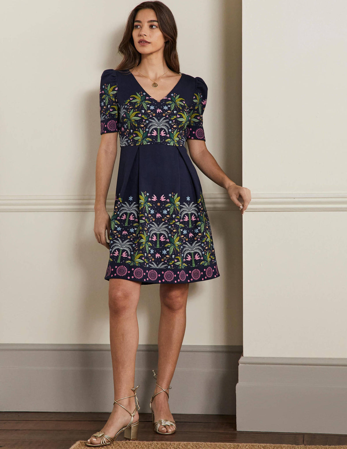 Puff Shoulder Jersey Dress-Navy, Oriental Palm-4