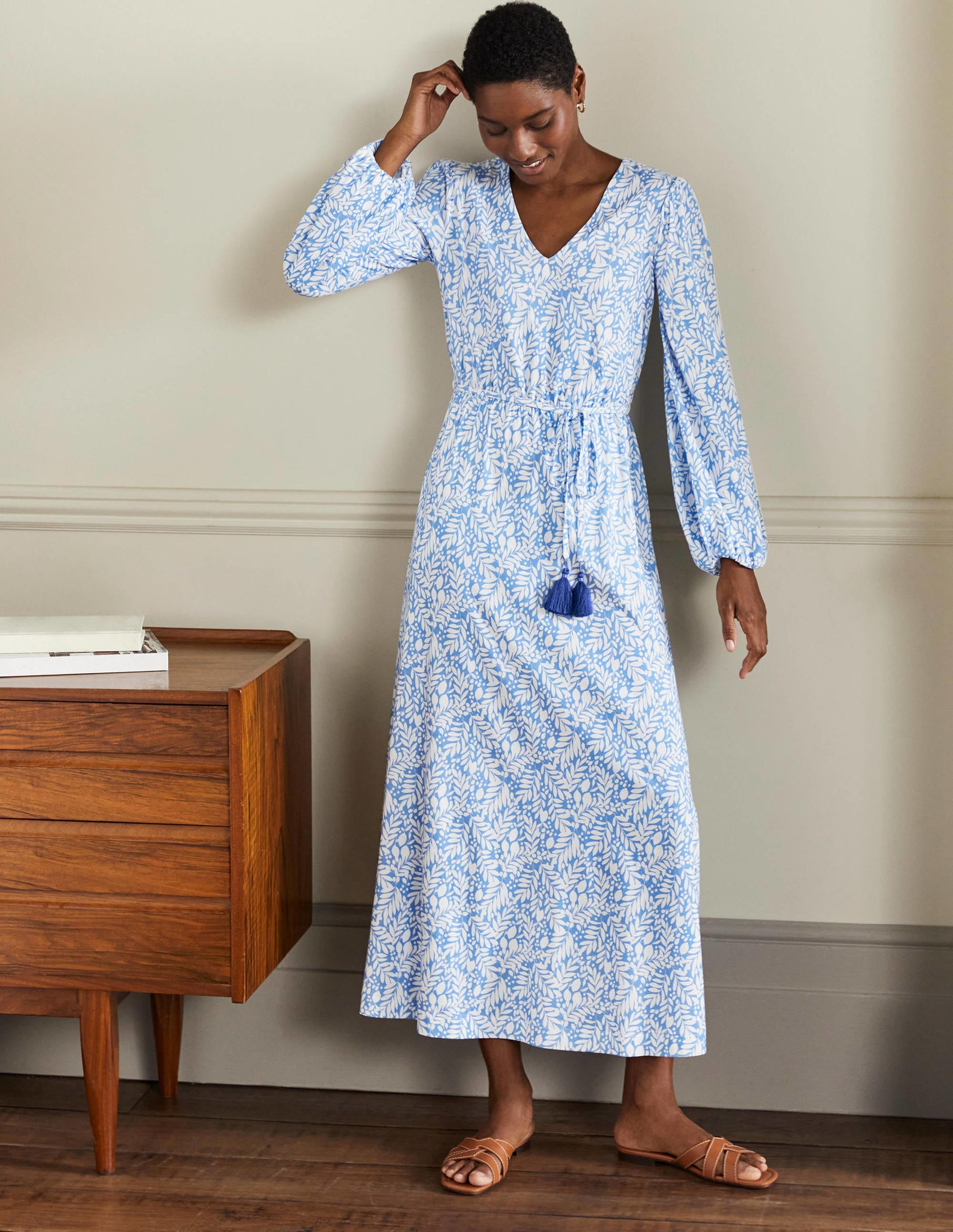 Belted Jersey Maxi Dress-Grape Hyacinth Lemon Foliage - Image 1