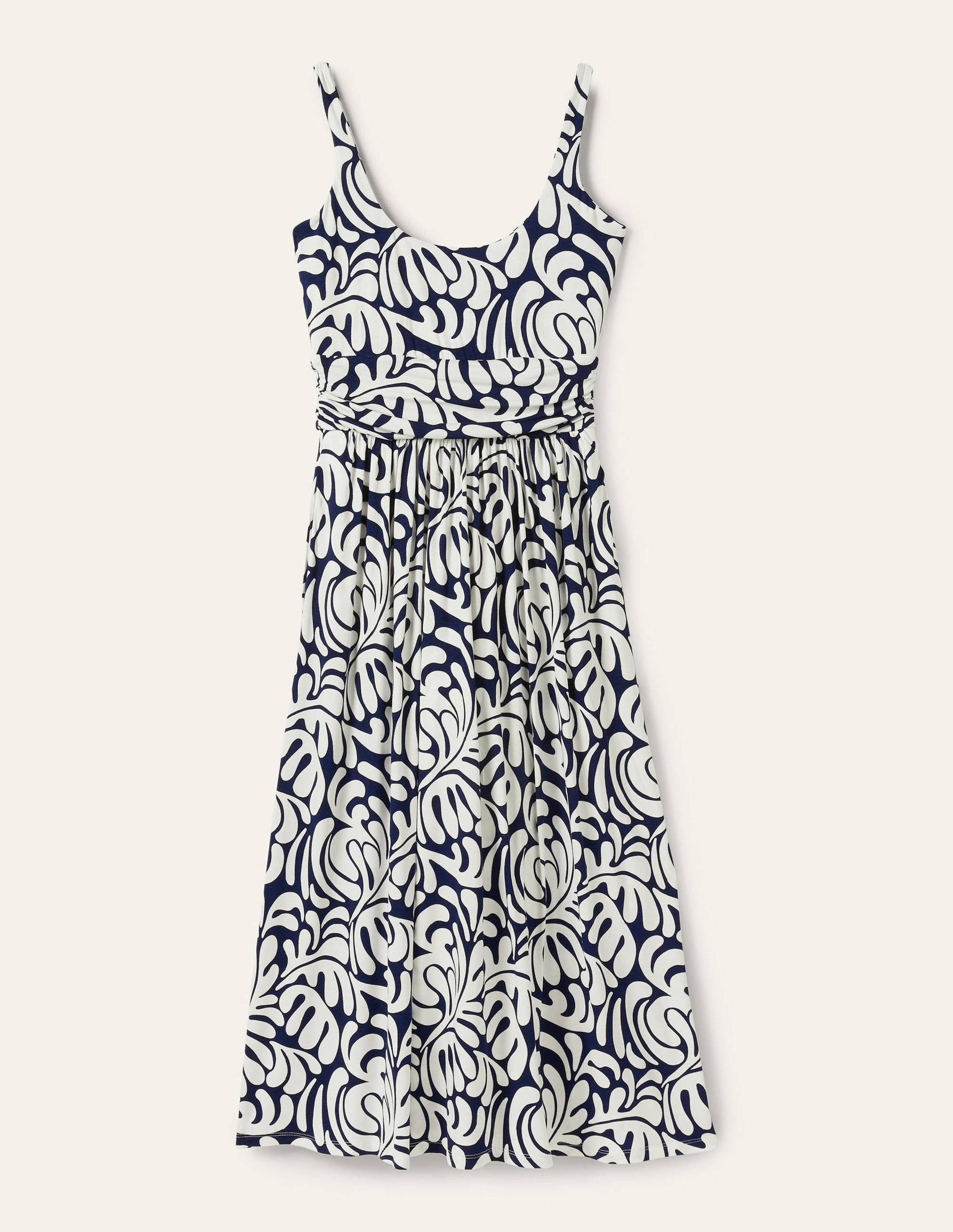 Scoop Neck Jersey Midi Dress-Navy, Palm Swirl-5