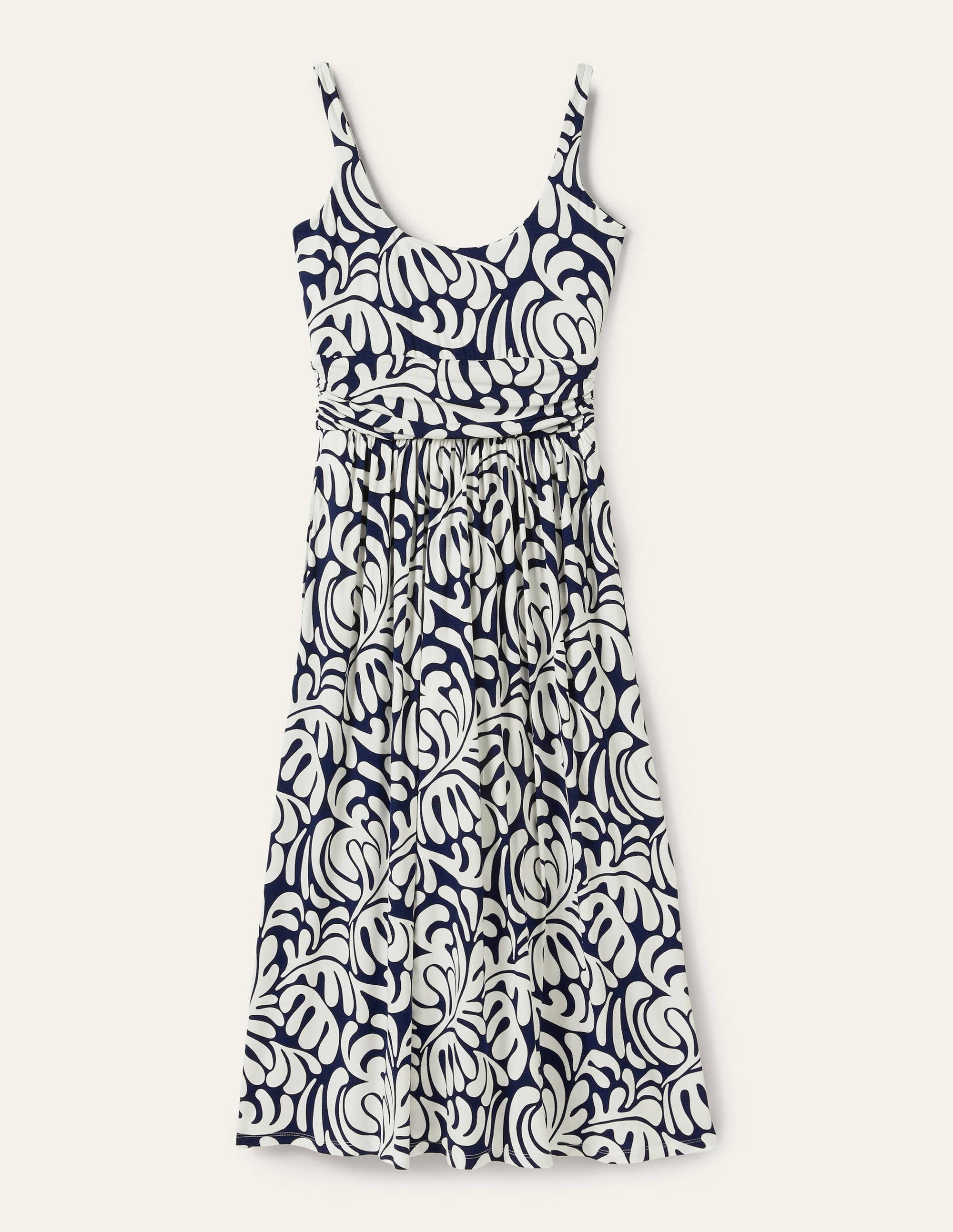 Scoop Neck Jersey Midi Dress-Navy, Palm Swirl - Image 5