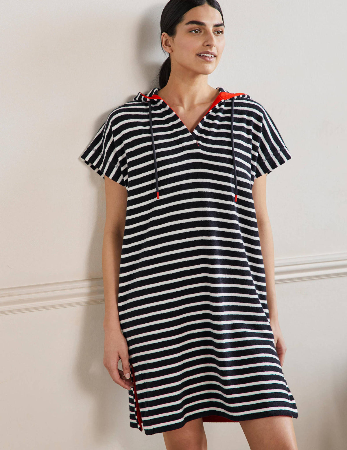 Erica Hooded Towelling Dress-French Navy and Ivory Stripe - Image 1