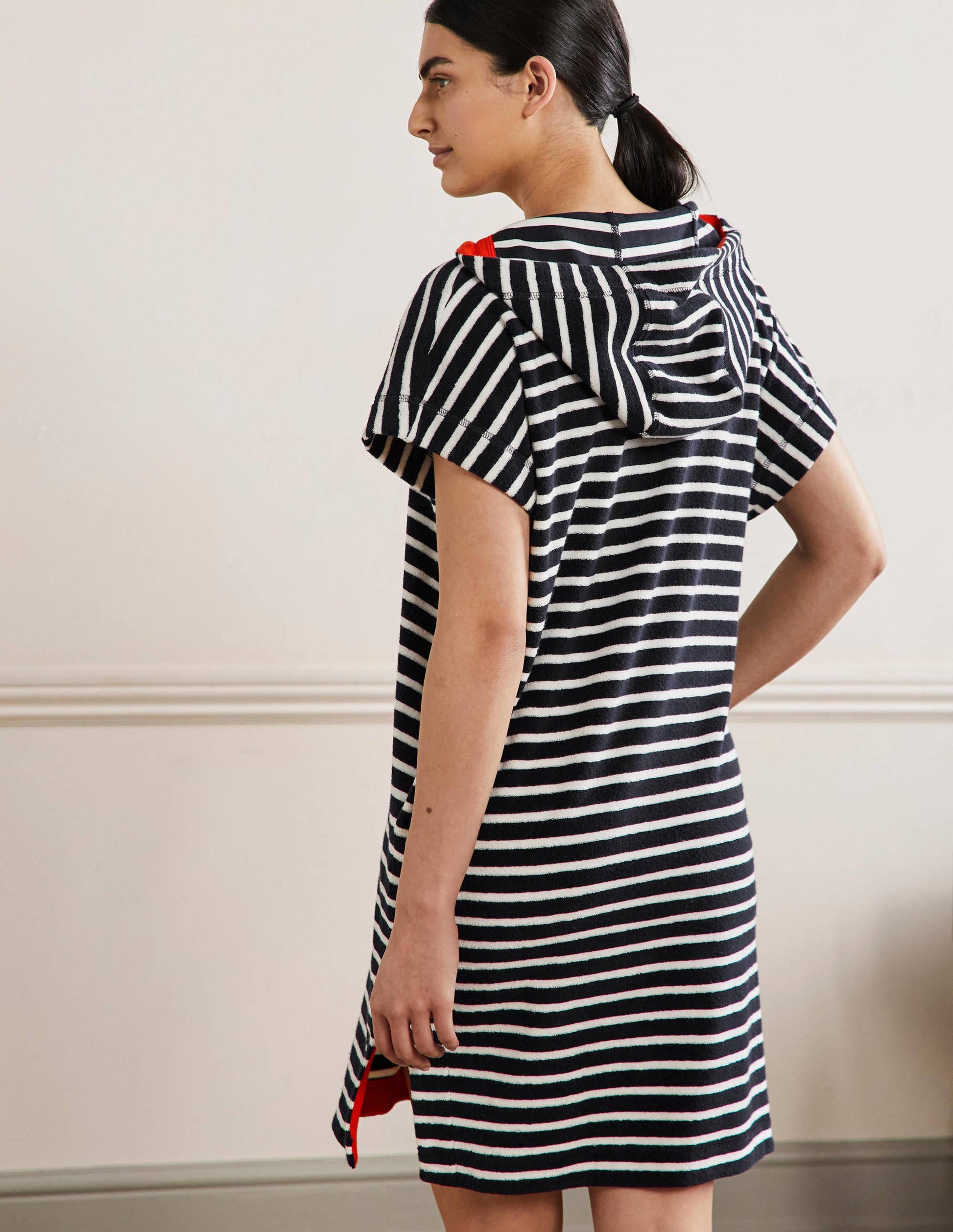 Erica Hooded Towelling Dress-French Navy and Ivory Stripe-3