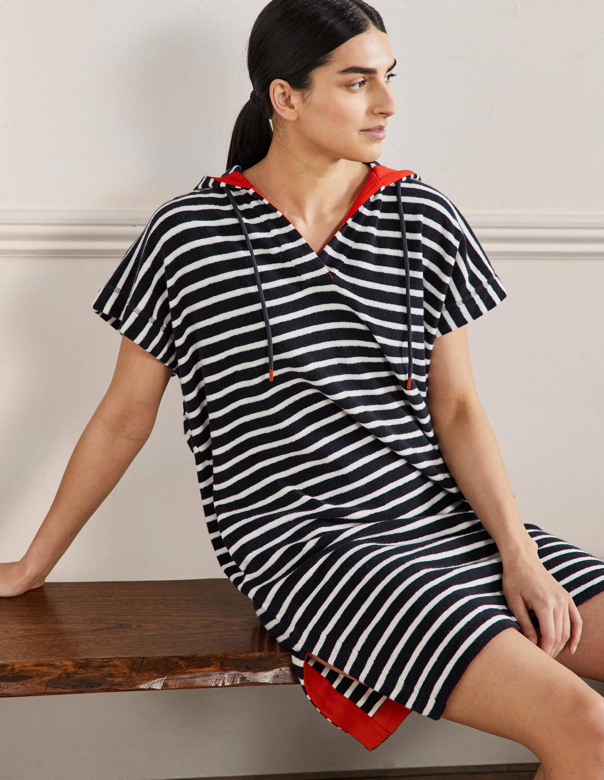 Erica Hooded Towelling Dress-French Navy and Ivory Stripe - Image 4