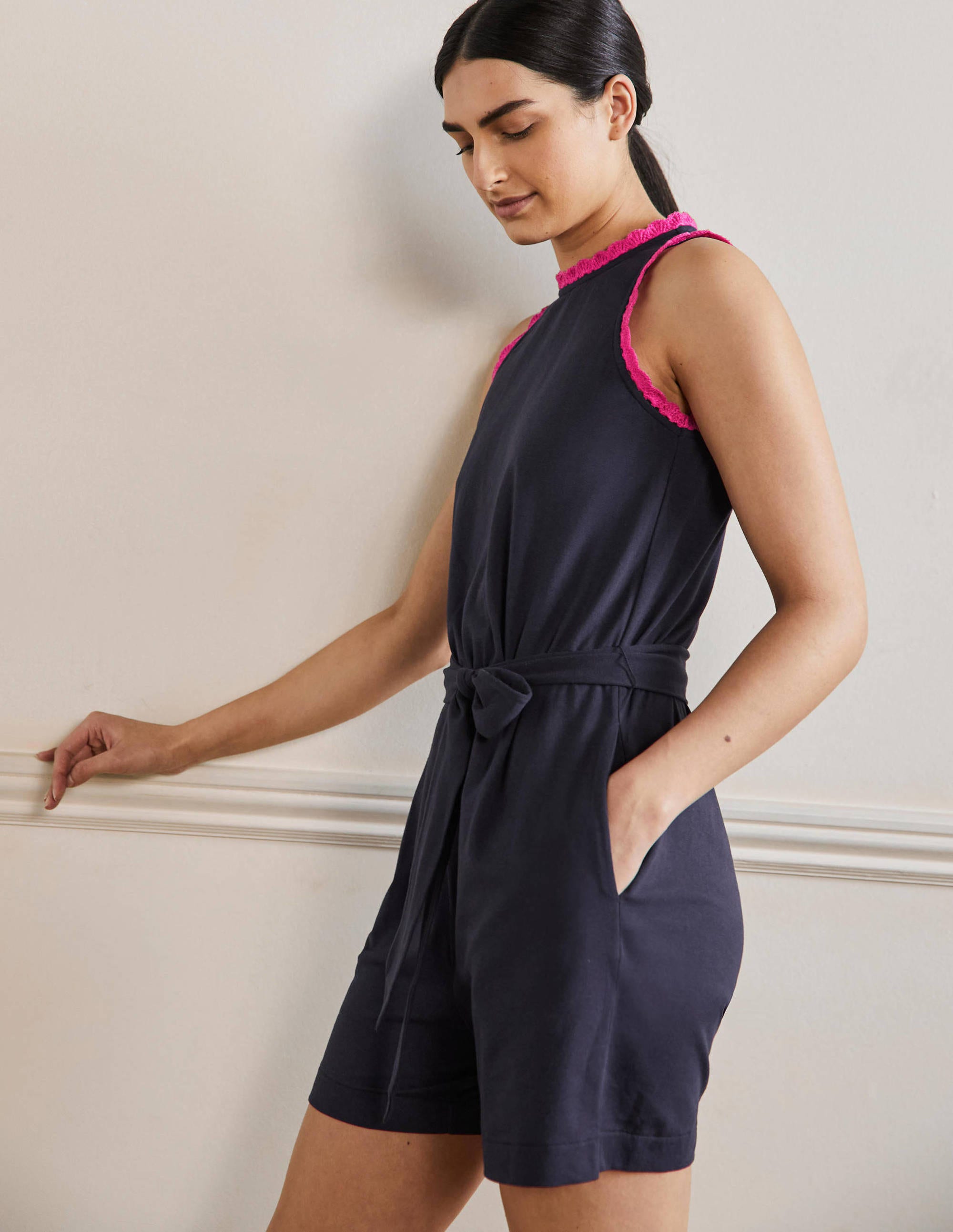 Crochet Detail Jersey Playsuit-Navy - Image 4