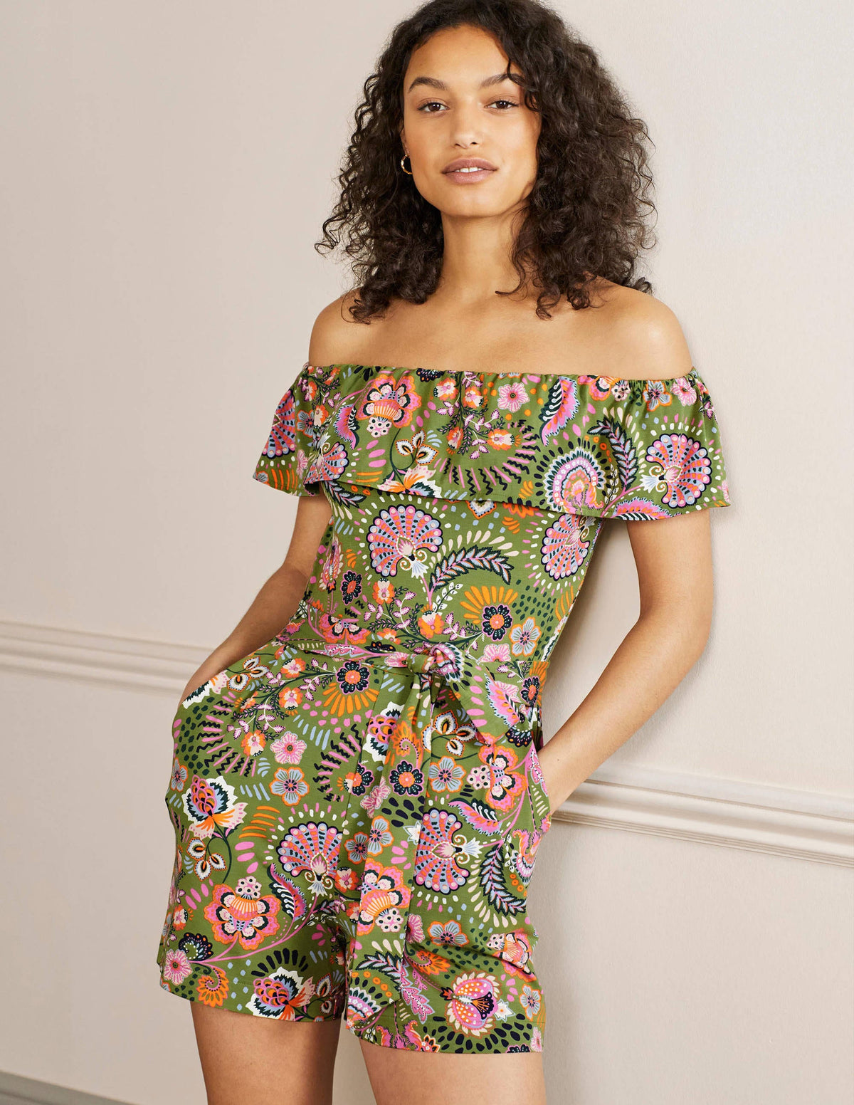 Ruffle Neck Jersey Playsuit-Pea, Decorative Meadow - Image 1