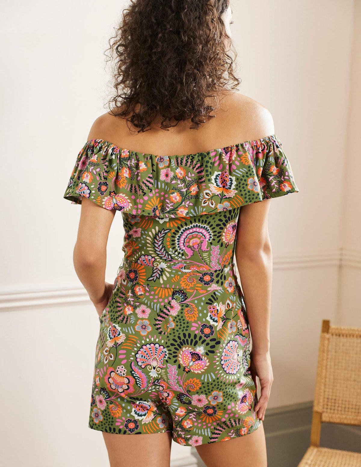 Ruffle Neck Jersey Playsuit-Pea, Decorative Meadow - Image 3