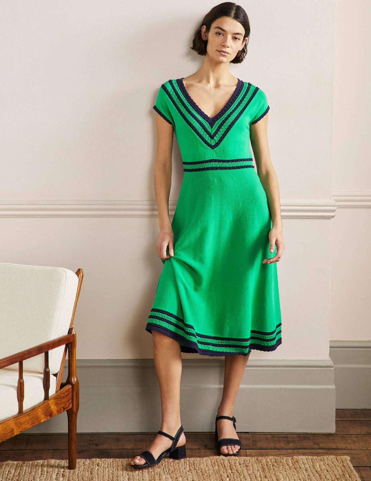 Trim Detail Knitted Midi Dress-Rich Emerald - Image 1