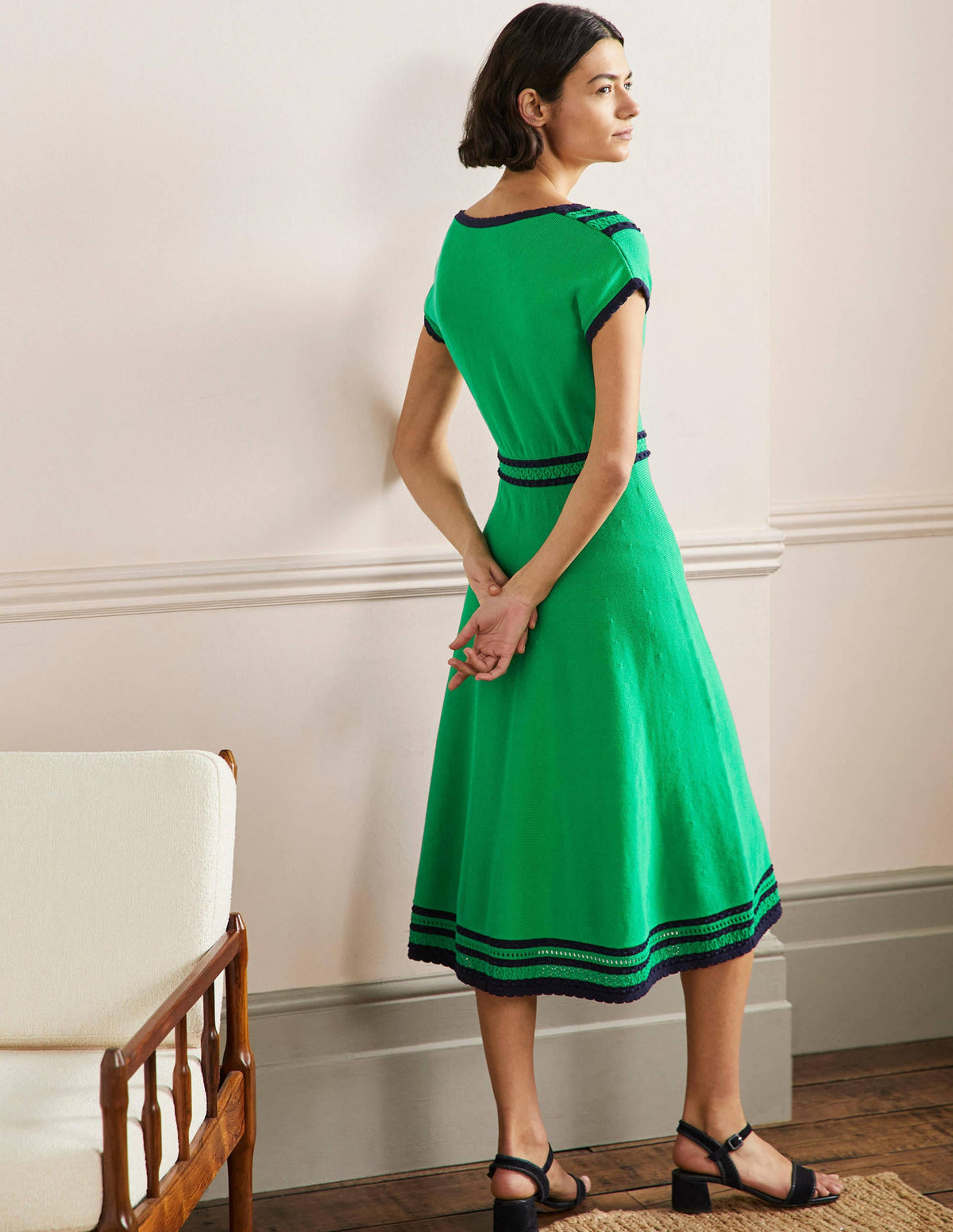 Trim Detail Knitted Midi Dress-Rich Emerald-3