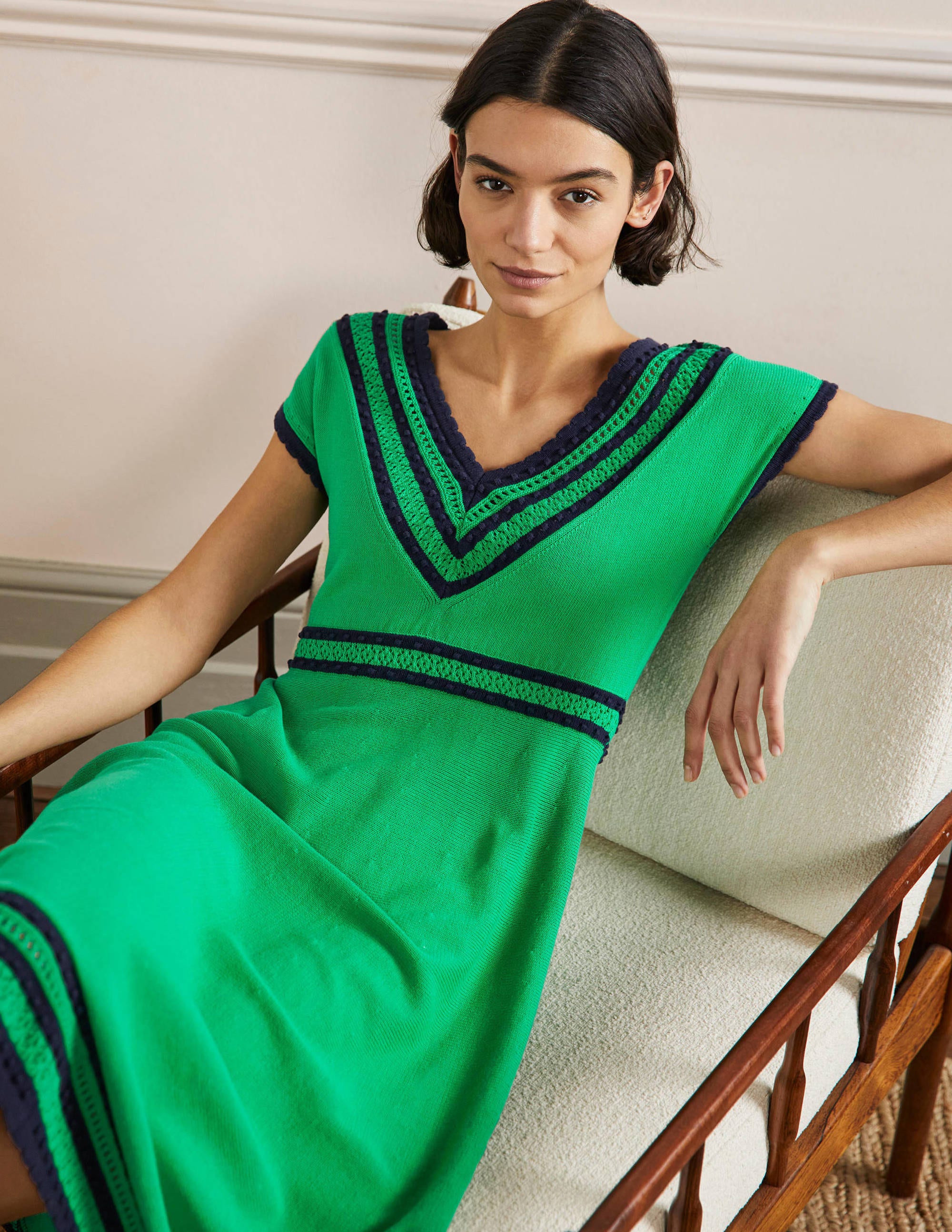 Trim Detail Knitted Midi Dress-Rich Emerald - Image 4