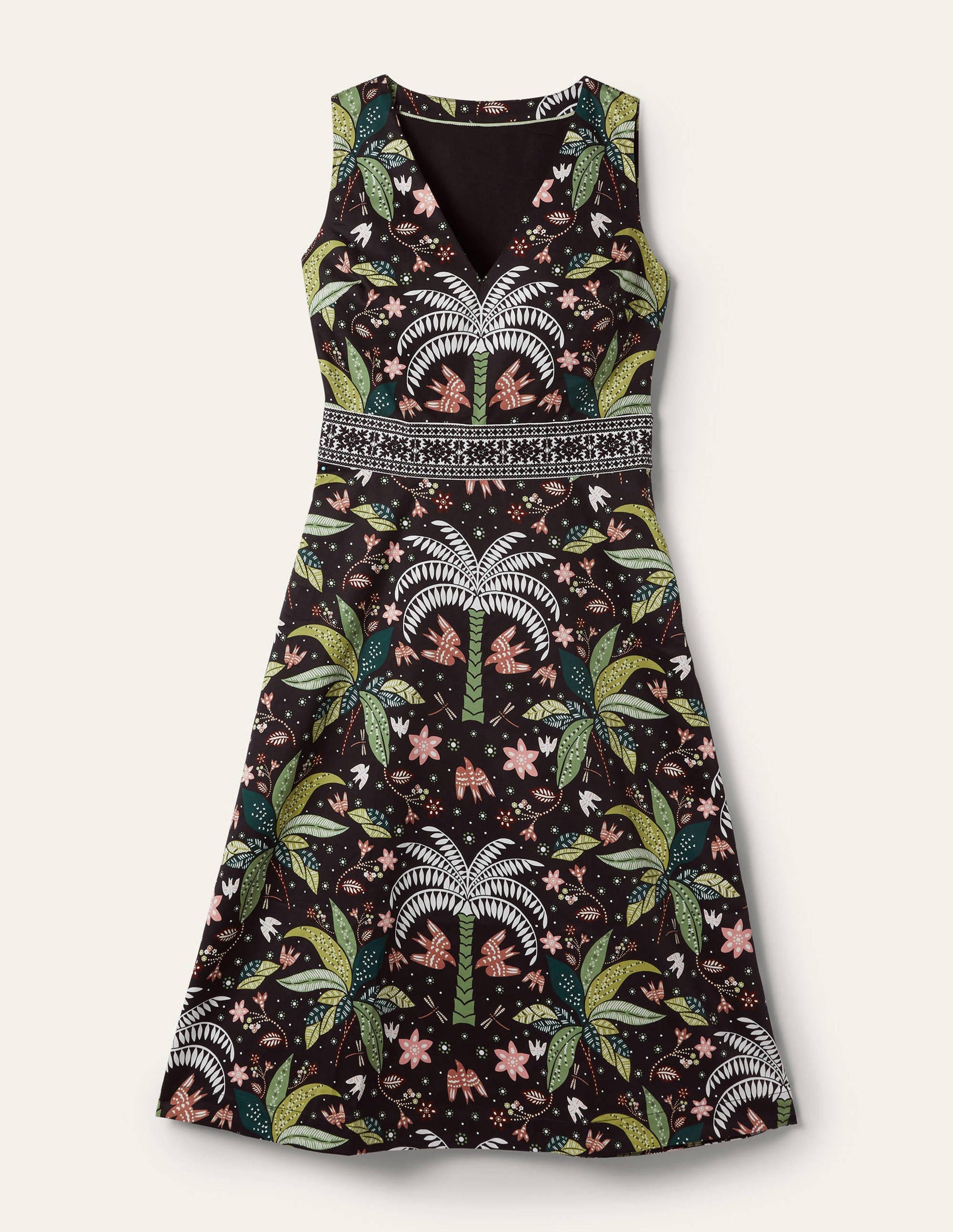 Embroidered Waist Midi Dress-Black, Oriental Palm-6