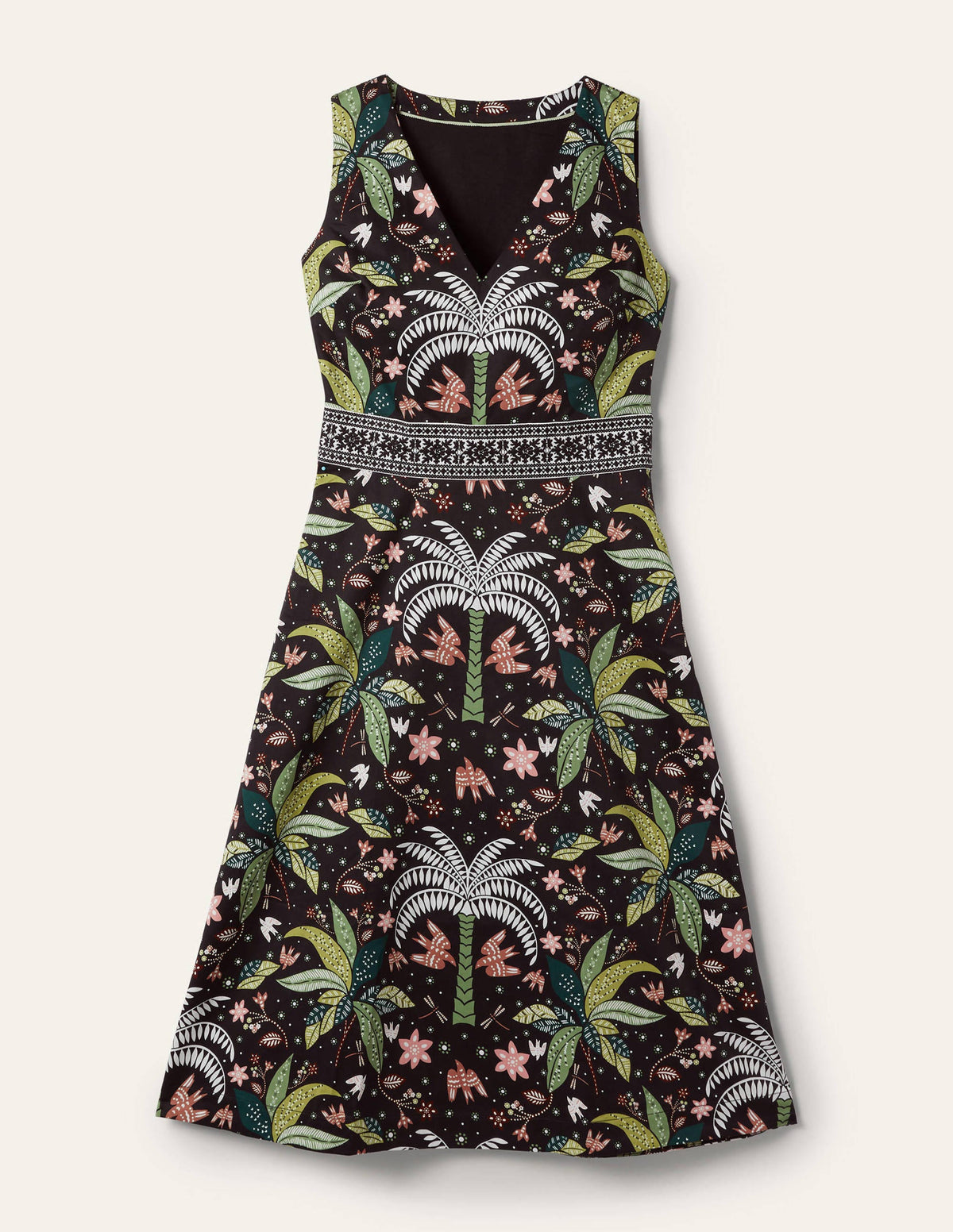 Embroidered Waist Midi Dress-Black, Oriental Palm - Image 6