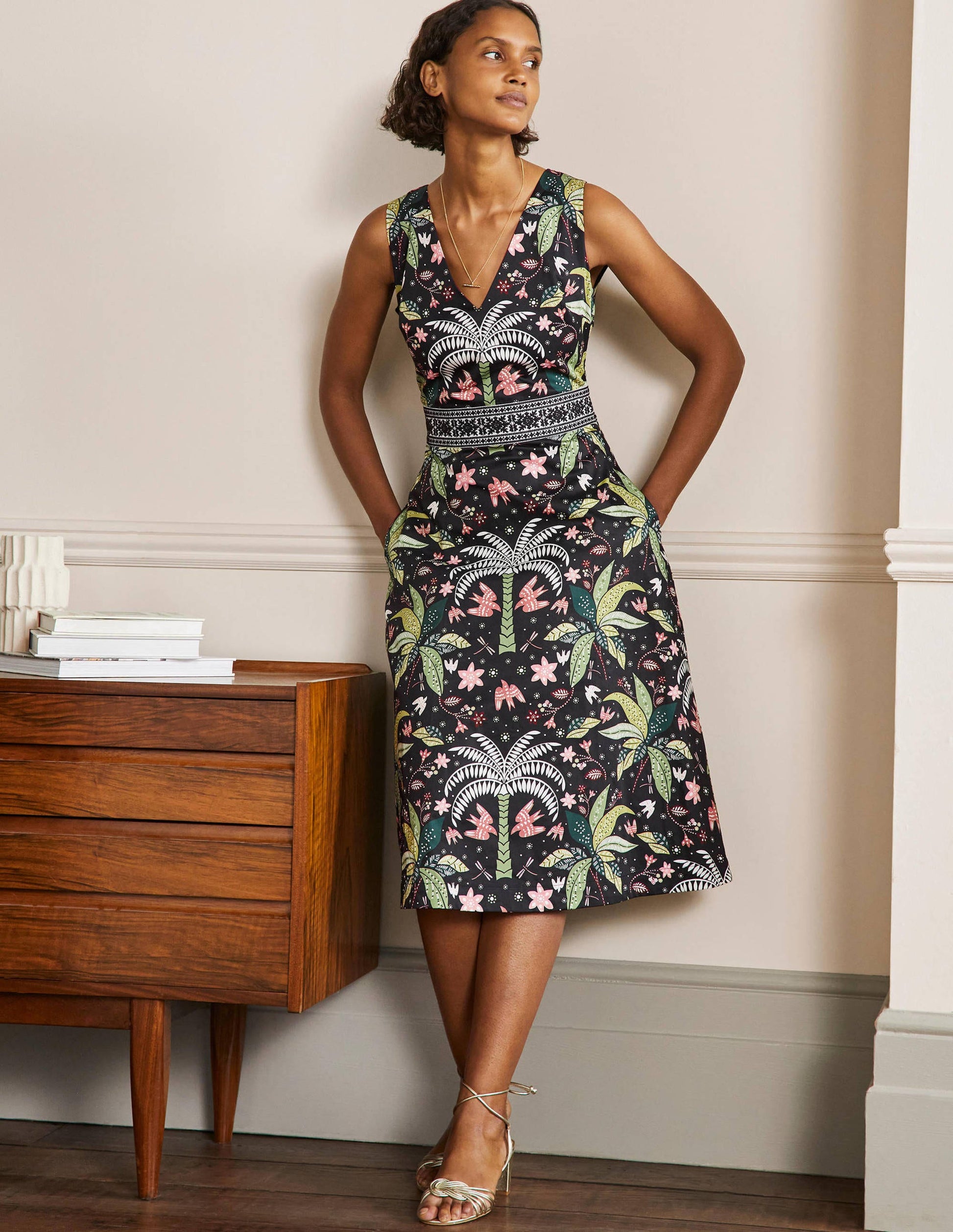 Embroidered Waist Midi Dress-Black, Oriental Palm-1