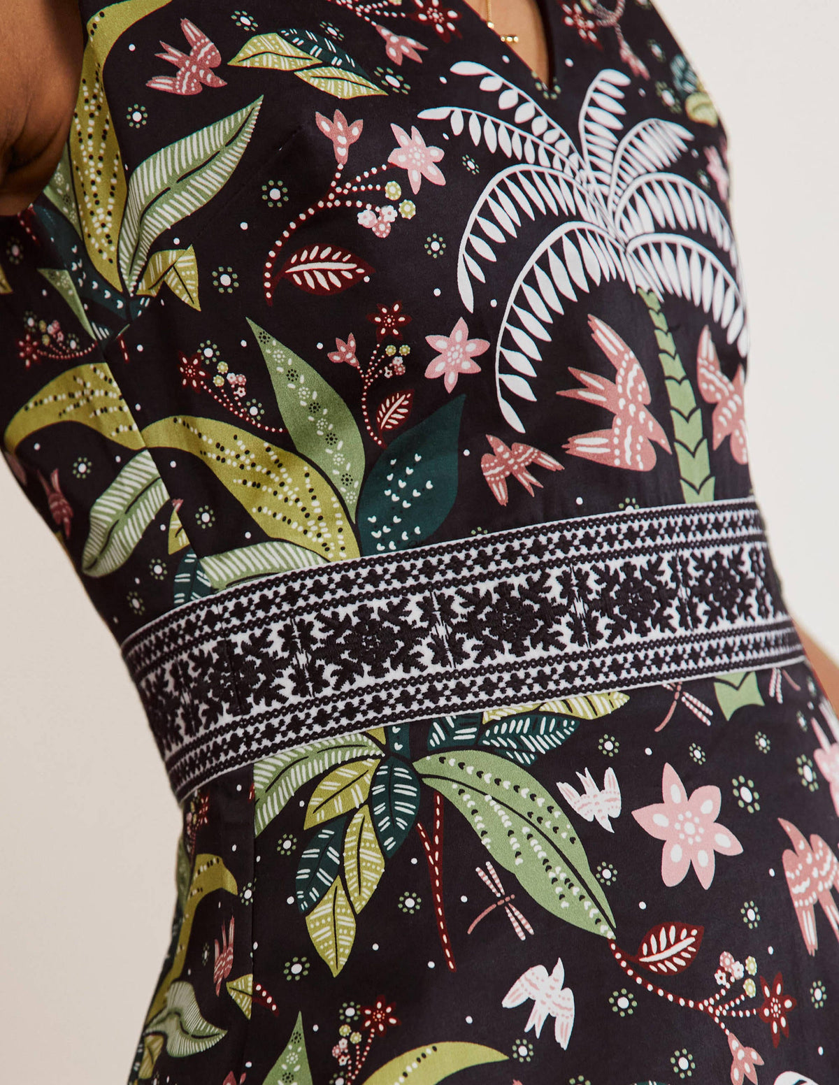 Embroidered Waist Midi Dress-Black, Oriental Palm - Image 2