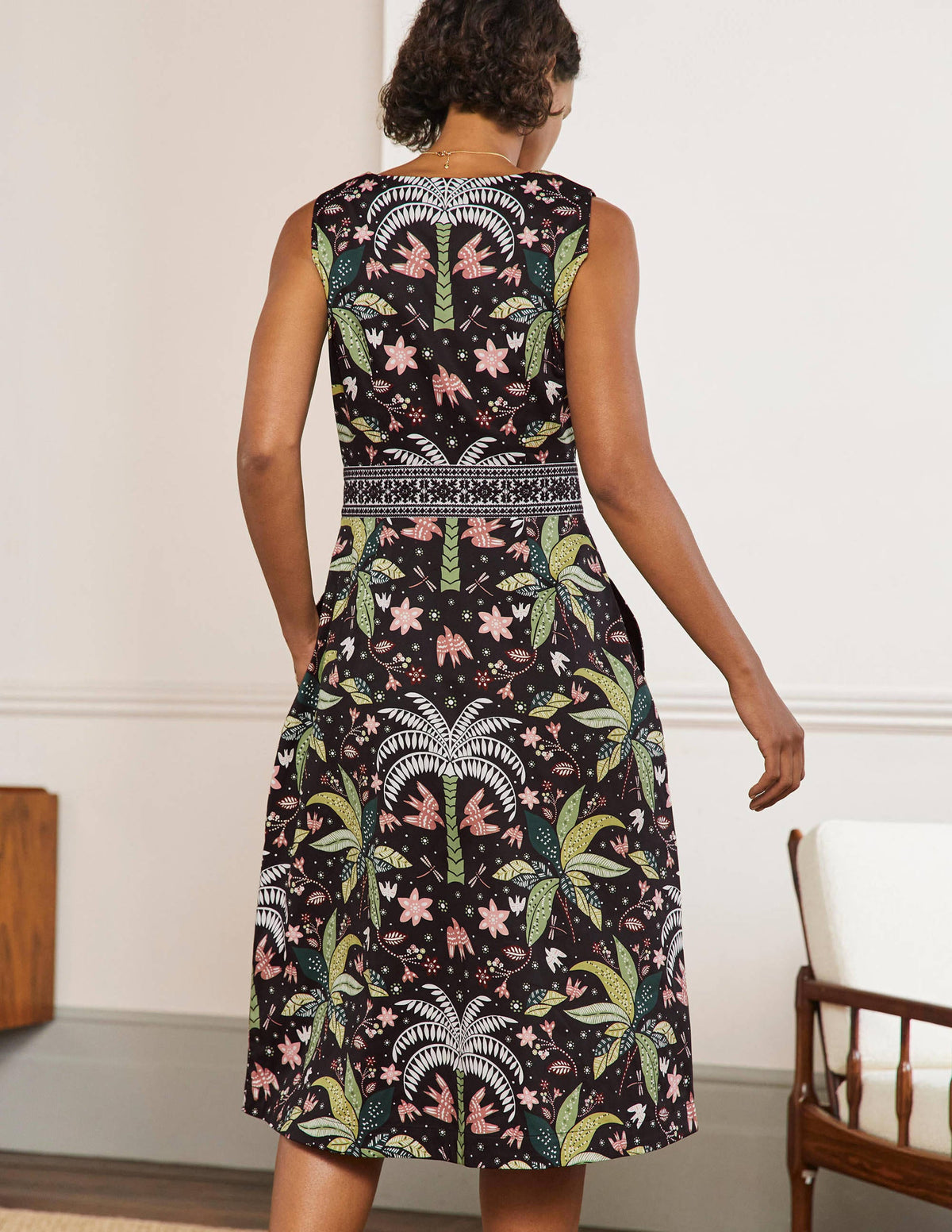 Embroidered Waist Midi Dress-Black, Oriental Palm-3
