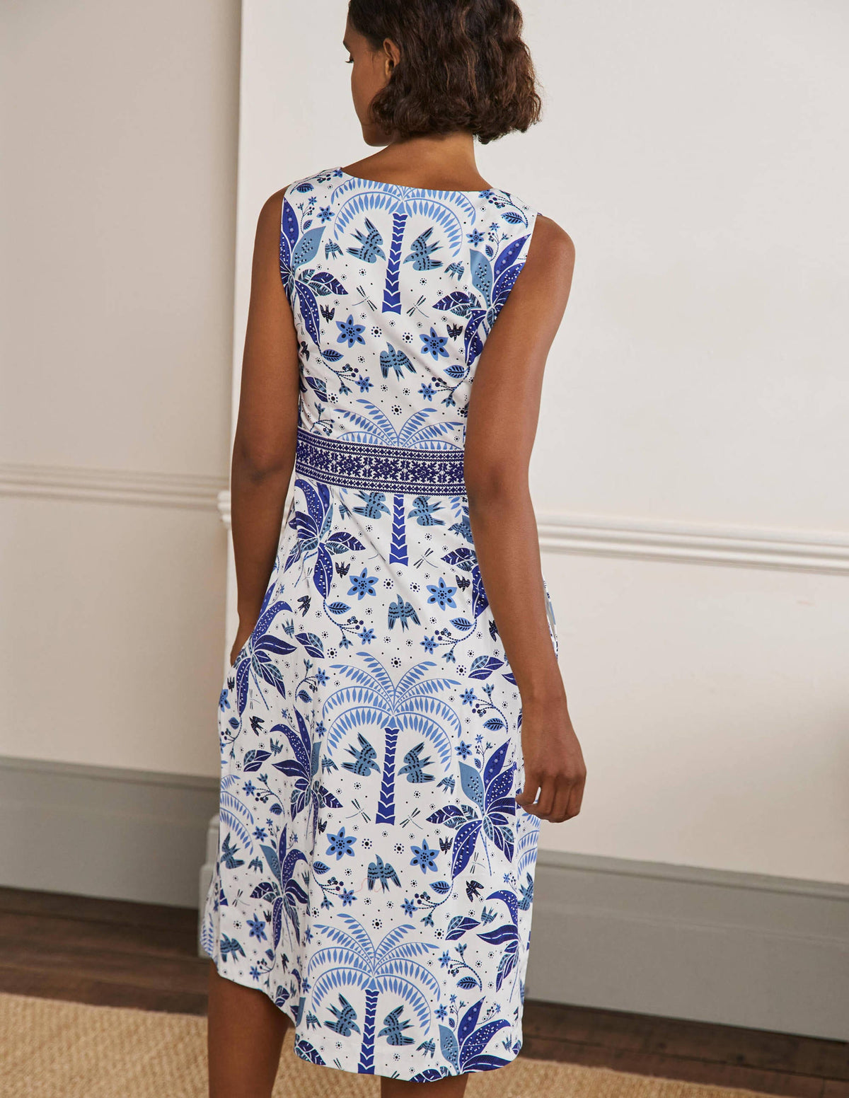 Embroidered Waist Midi Dress-Atlantic Ocean, Oriental Palm - Image 3