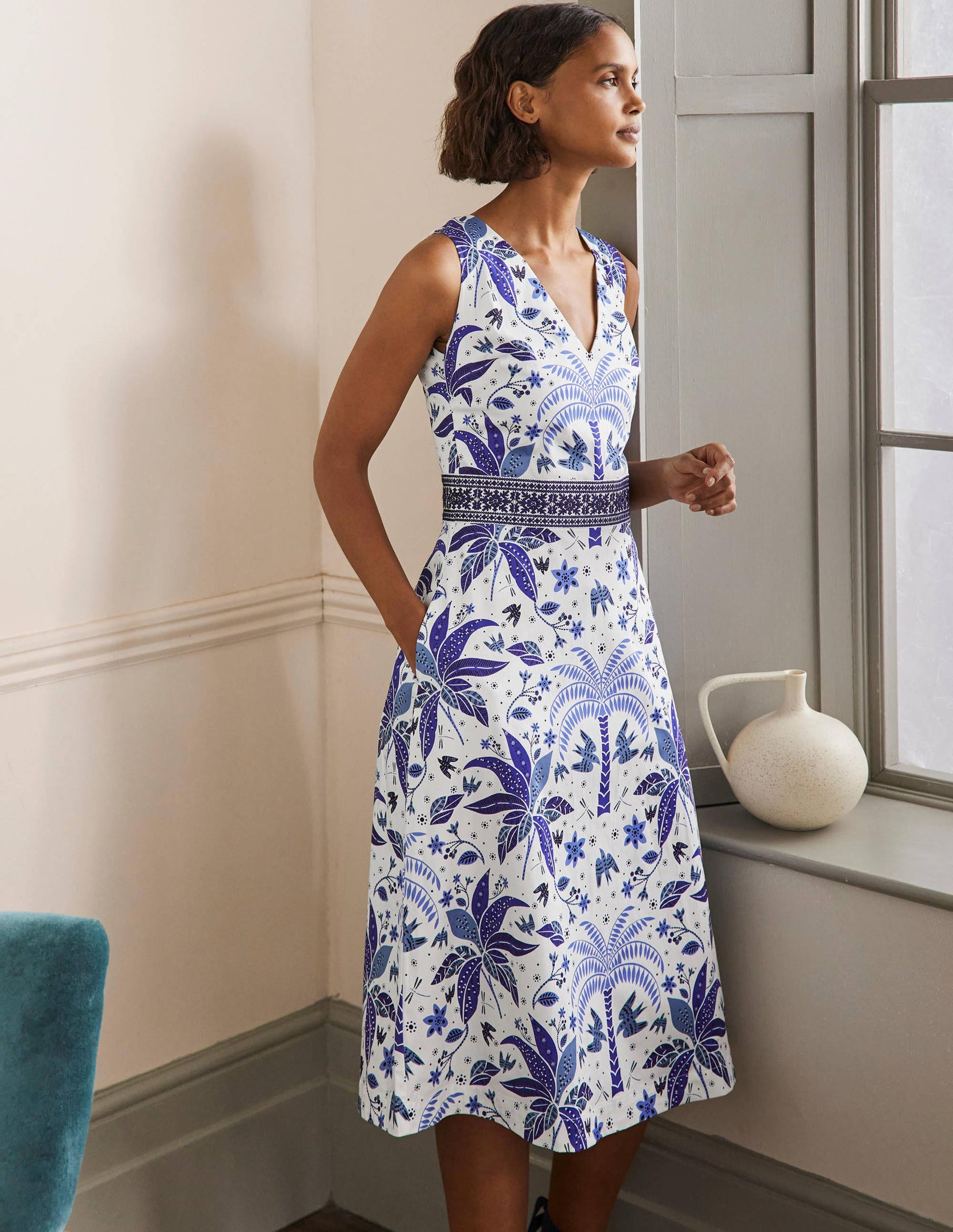 Embroidered Waist Midi Dress-Atlantic Ocean, Oriental Palm-4