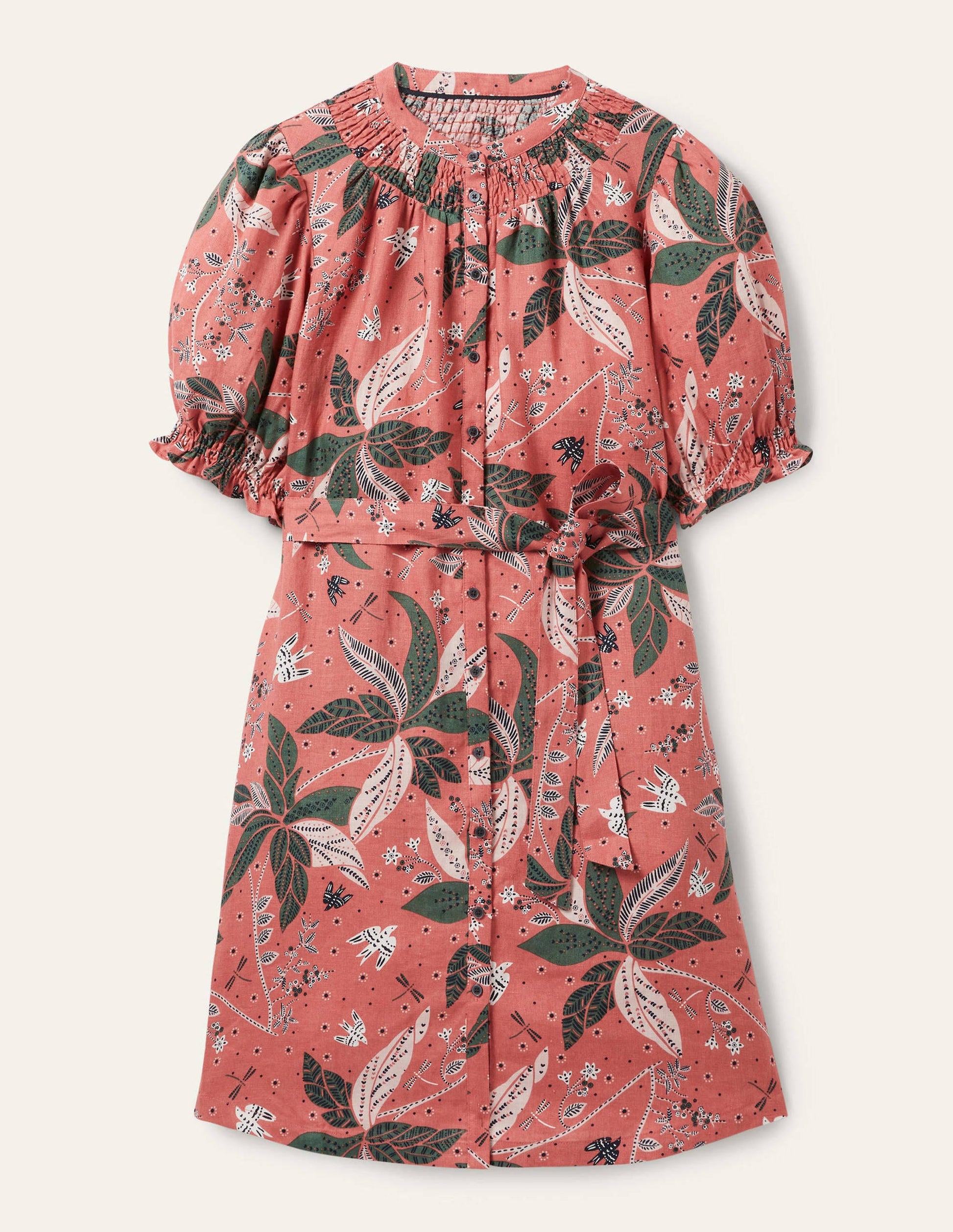 Smocked Linen Shirt Dress-Dusty Red, Oriental Cascade-5