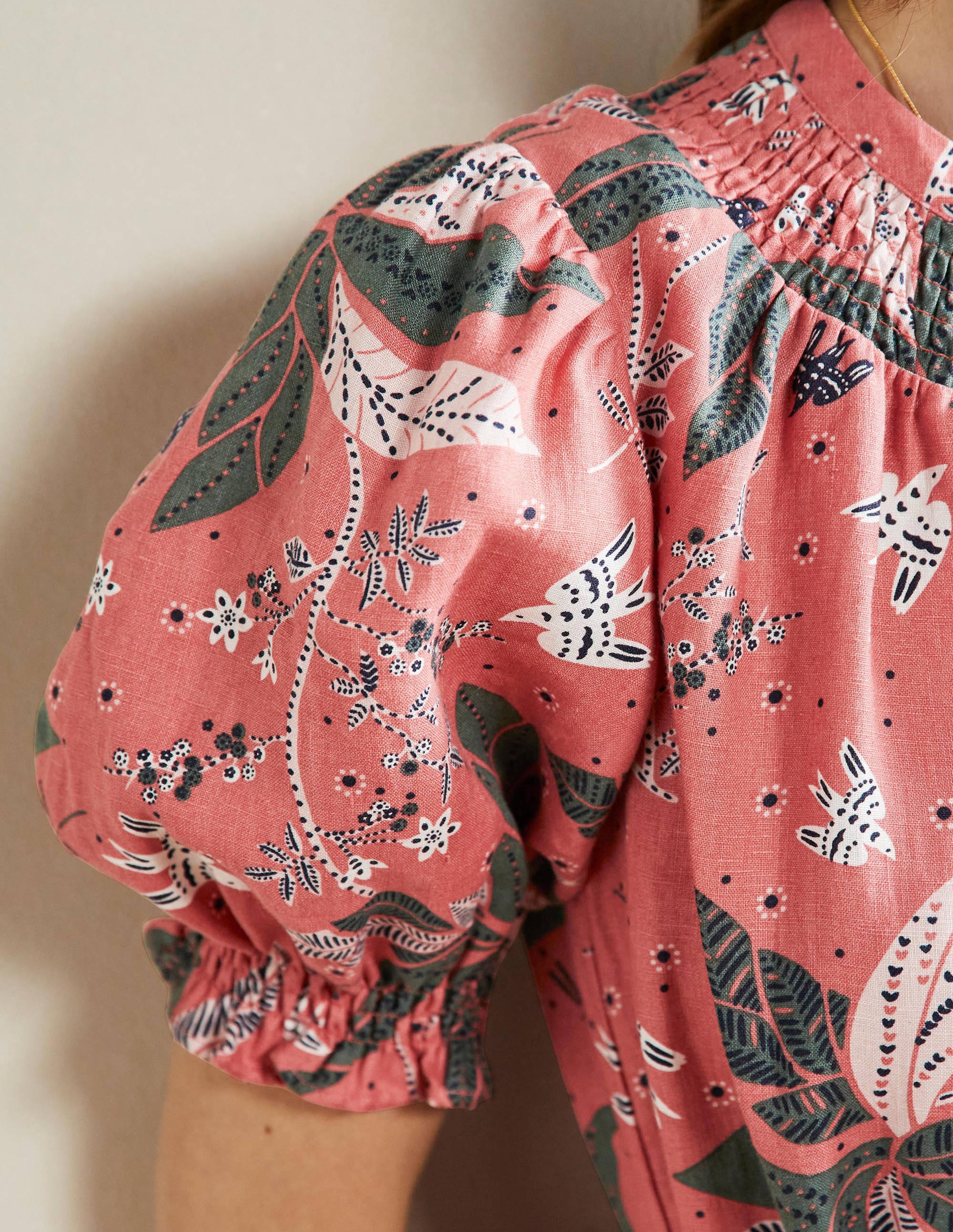 Smocked Linen Shirt Dress-Dusty Red, Oriental Cascade - Image 2