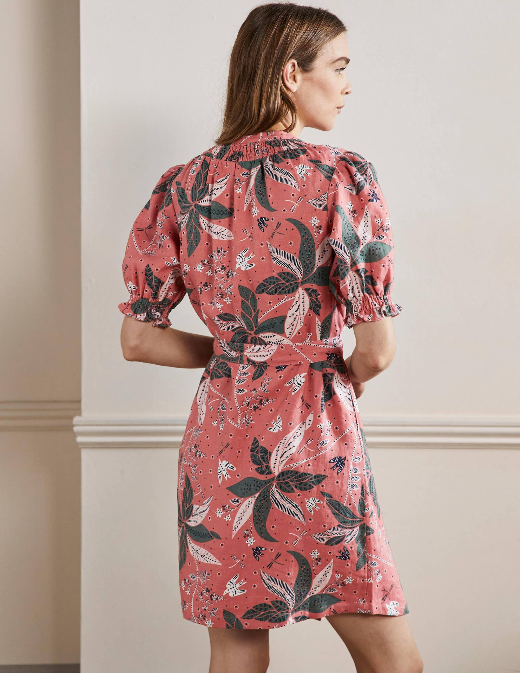 Smocked Linen Shirt Dress-Dusty Red, Oriental Cascade - Image 3