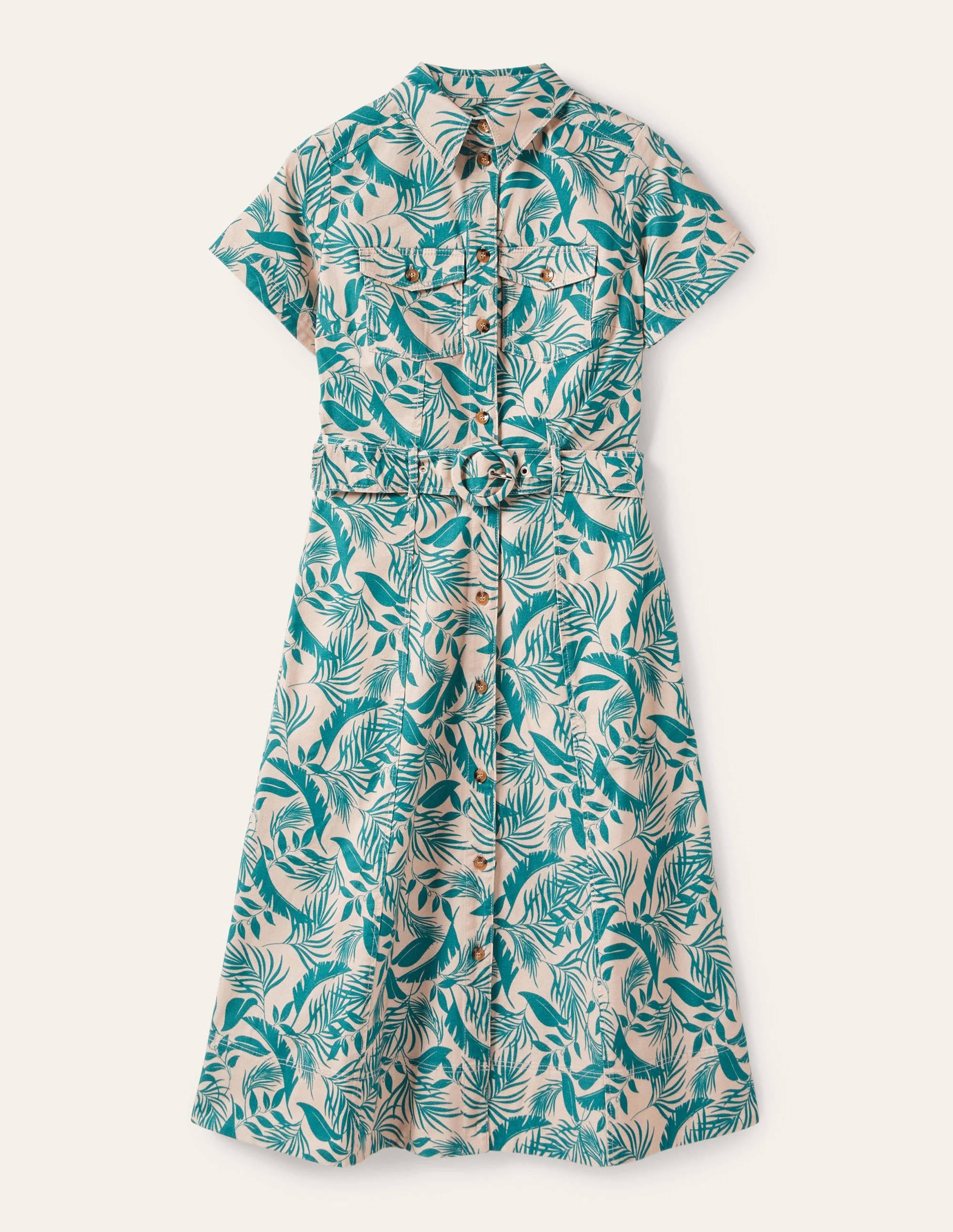 Belted Midi Shirt Dress-Milkshake, Tropic Foliage - Image 6