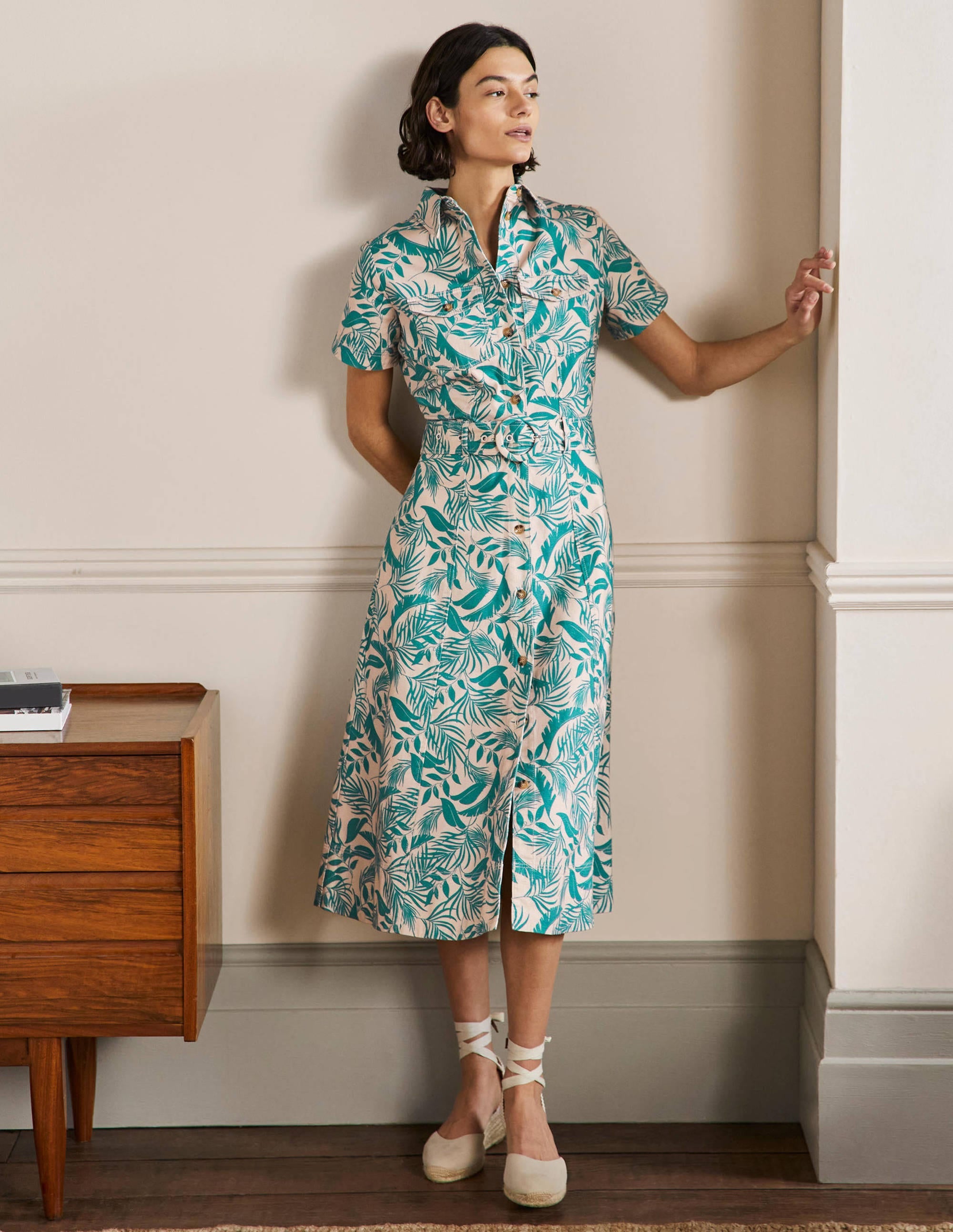 Belted Midi Shirt Dress-Milkshake, Tropic Foliage - Image 1