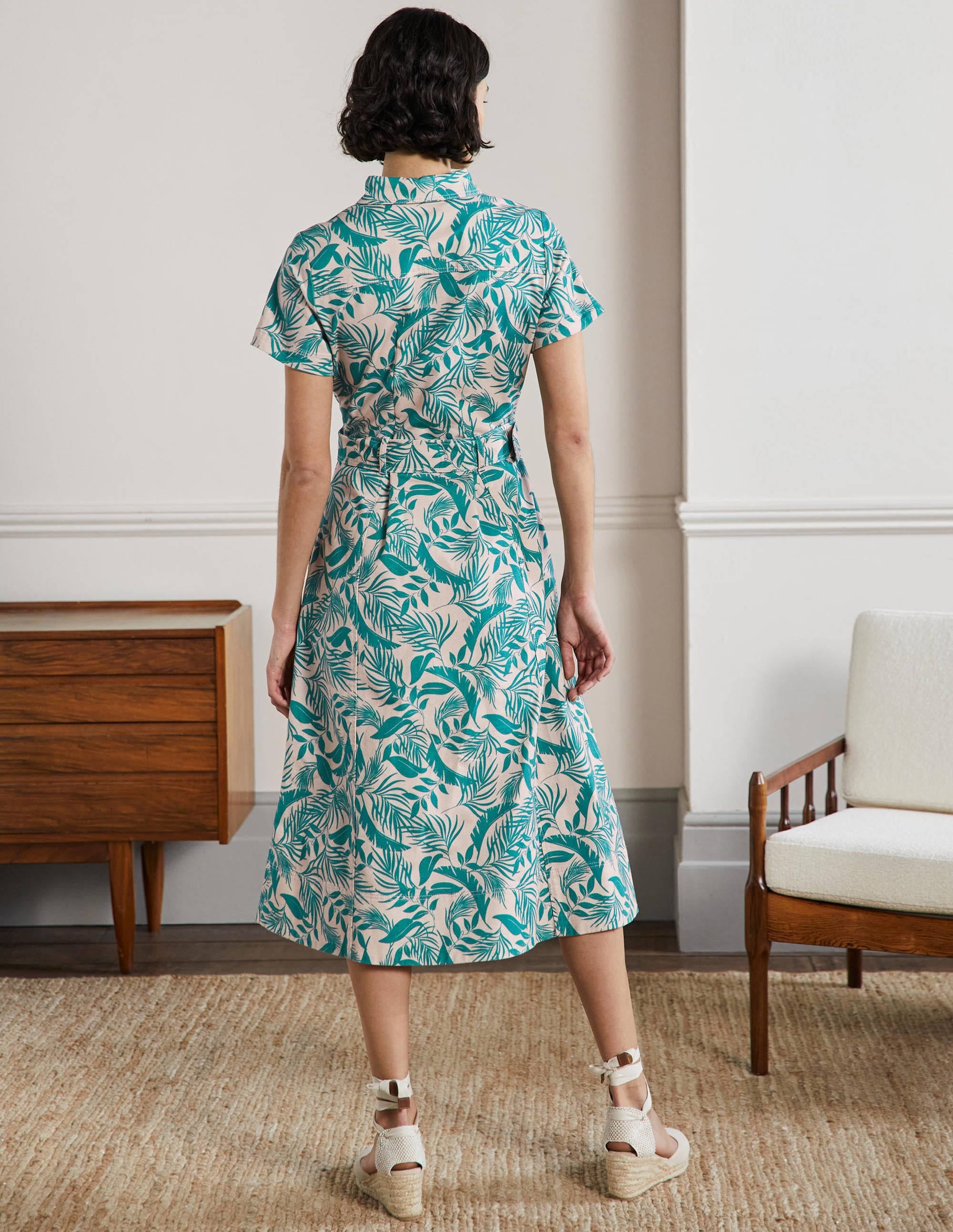 Belted Midi Shirt Dress-Milkshake, Tropic Foliage - Image 3