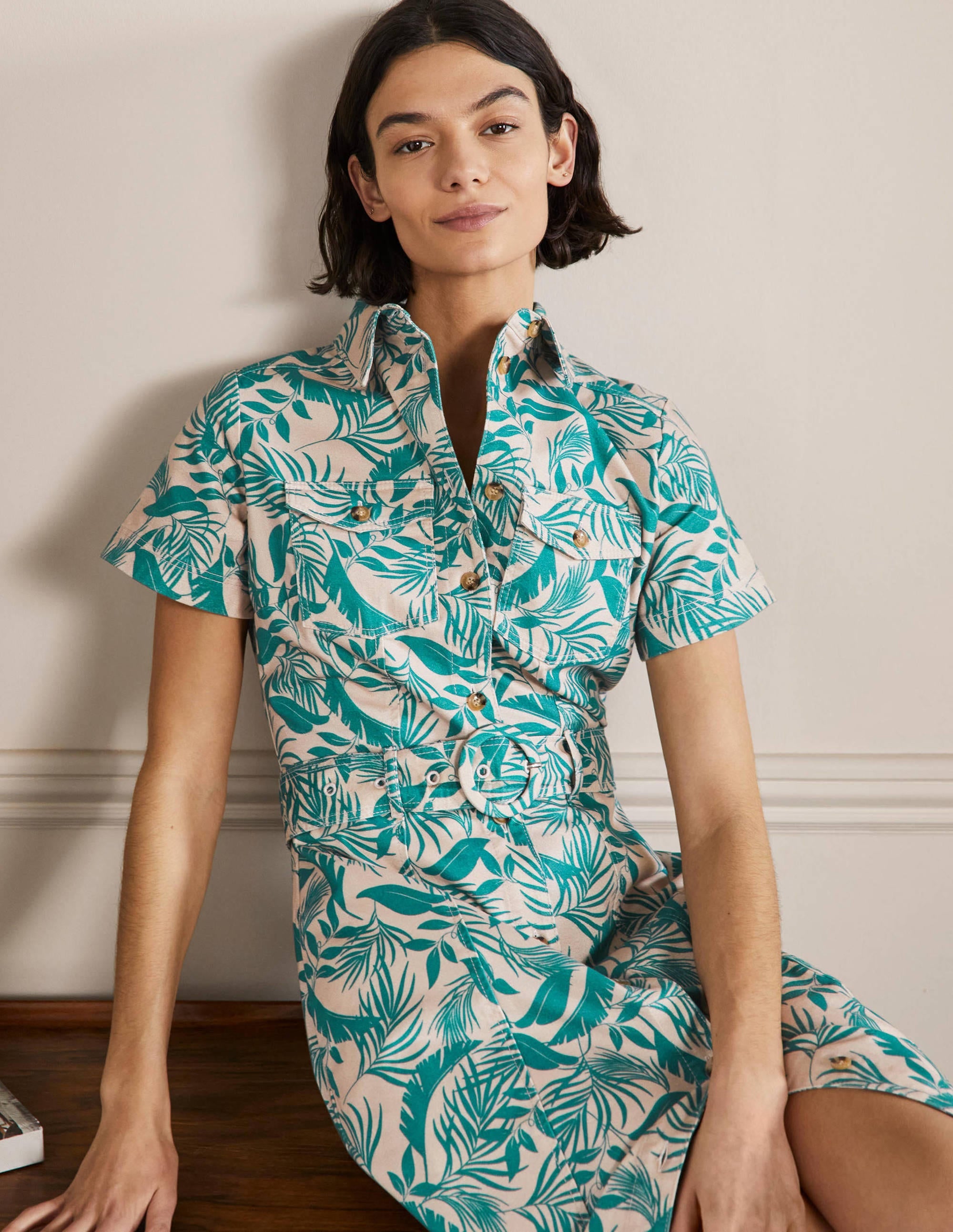 Belted Midi Shirt Dress-Milkshake, Tropic Foliage - Image 4