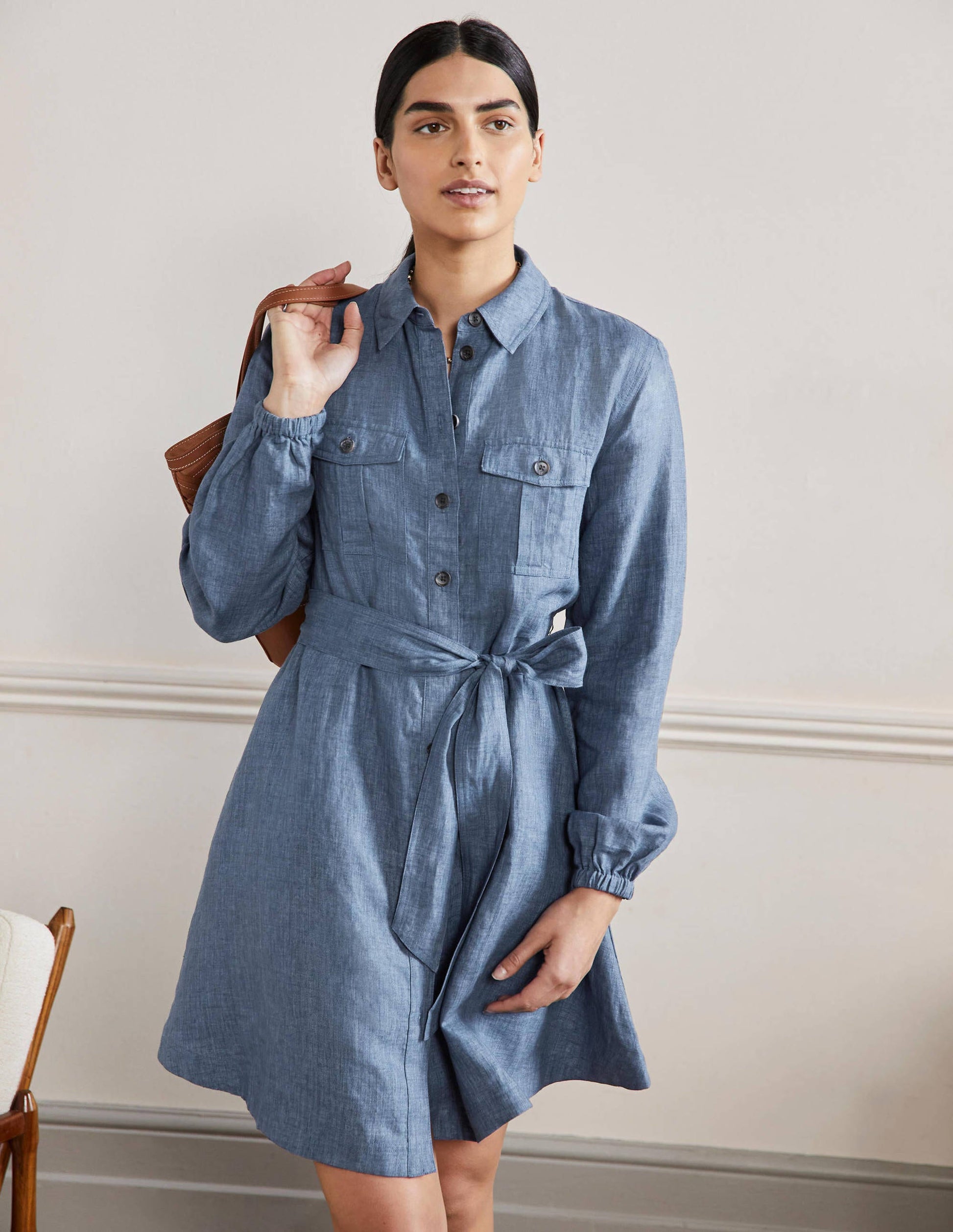 Fit and Flare Mini Shirt Dress-Mid Chambray-1