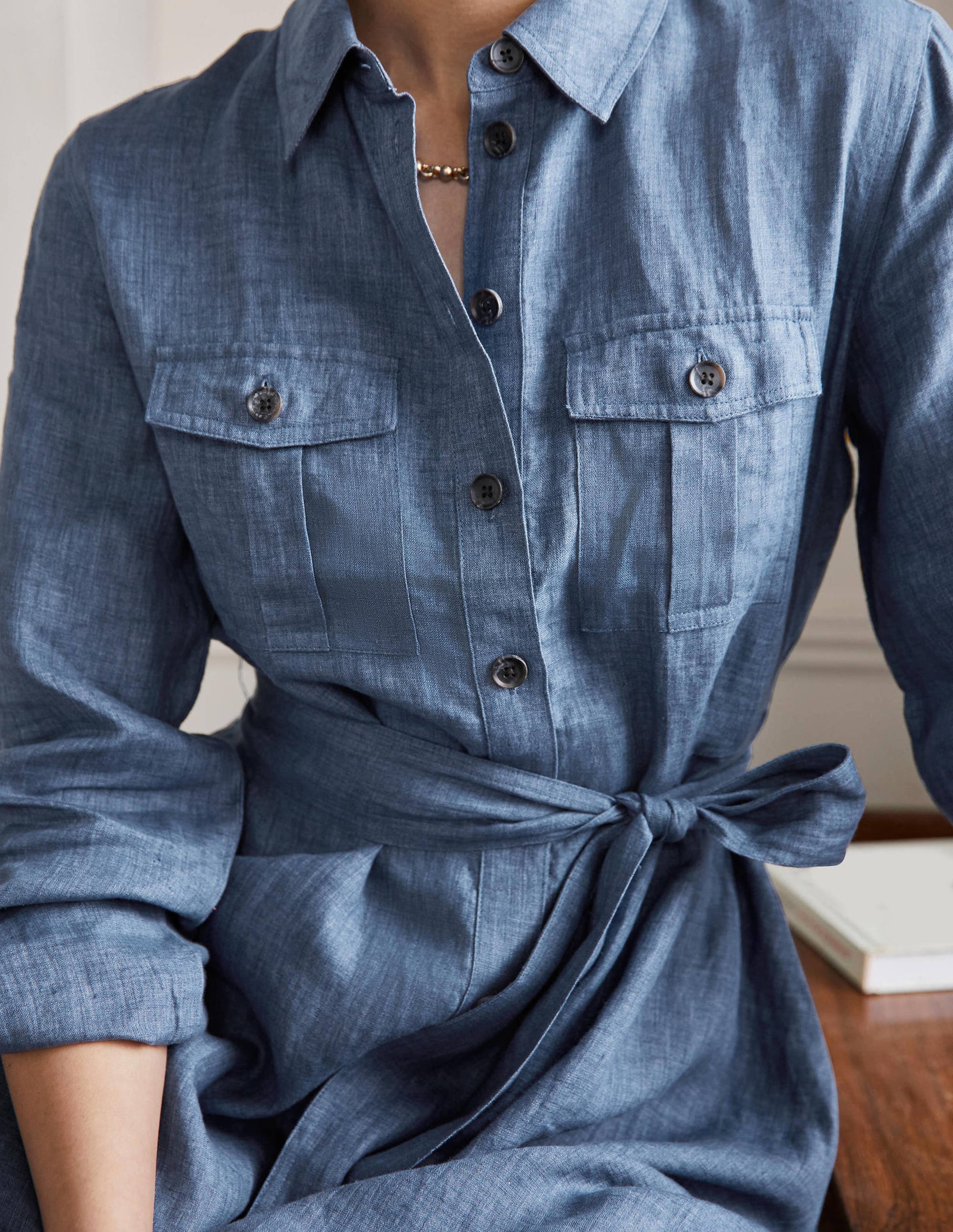 Fit and Flare Mini Shirt Dress-Mid Chambray-2