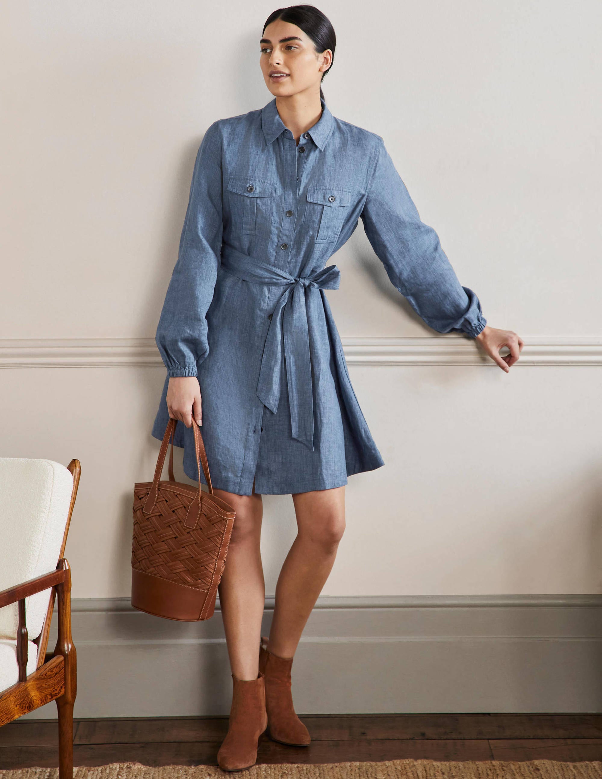 Fit and Flare Mini Shirt Dress-Mid Chambray - Image 4