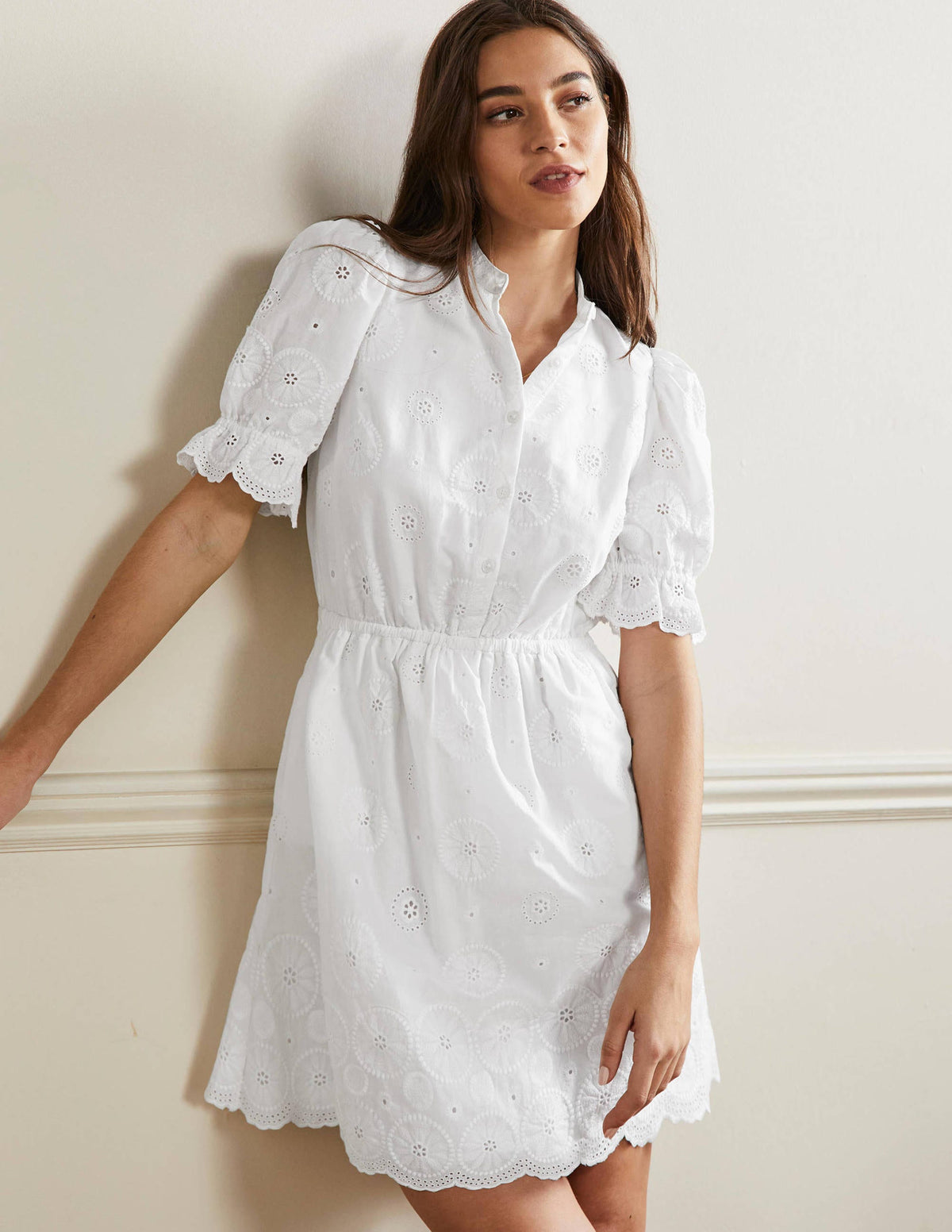 Puff Sleeve Broderie Dress-White - Image 1