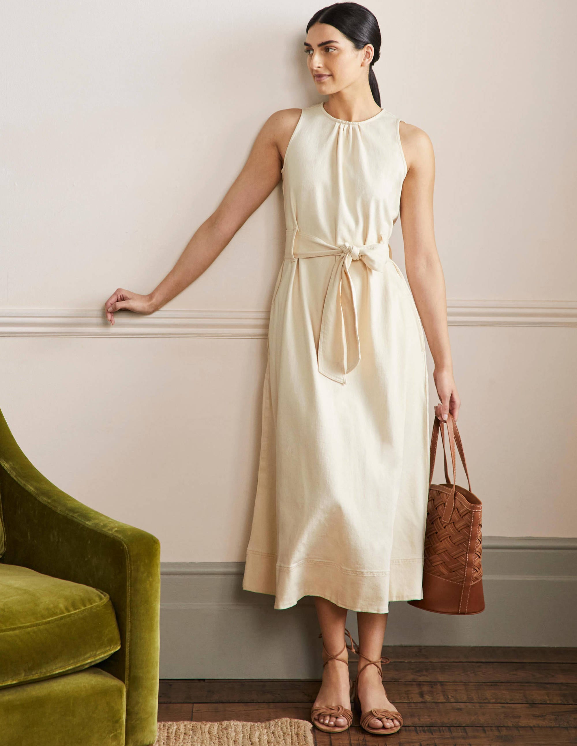 Sleeveless Belted Midi Dress-Ecru - Image 1