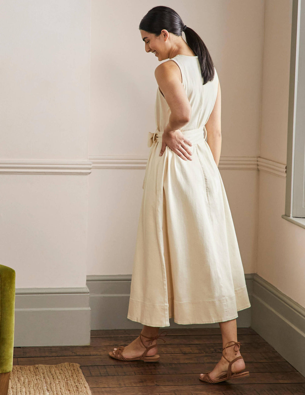 Sleeveless Belted Midi Dress-Ecru - Image 3