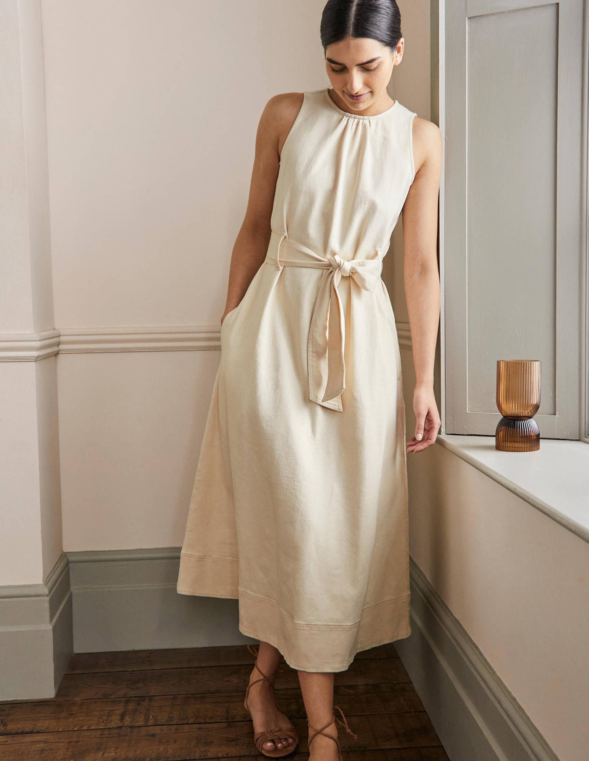 Sleeveless Belted Midi Dress-Ecru - Image 4