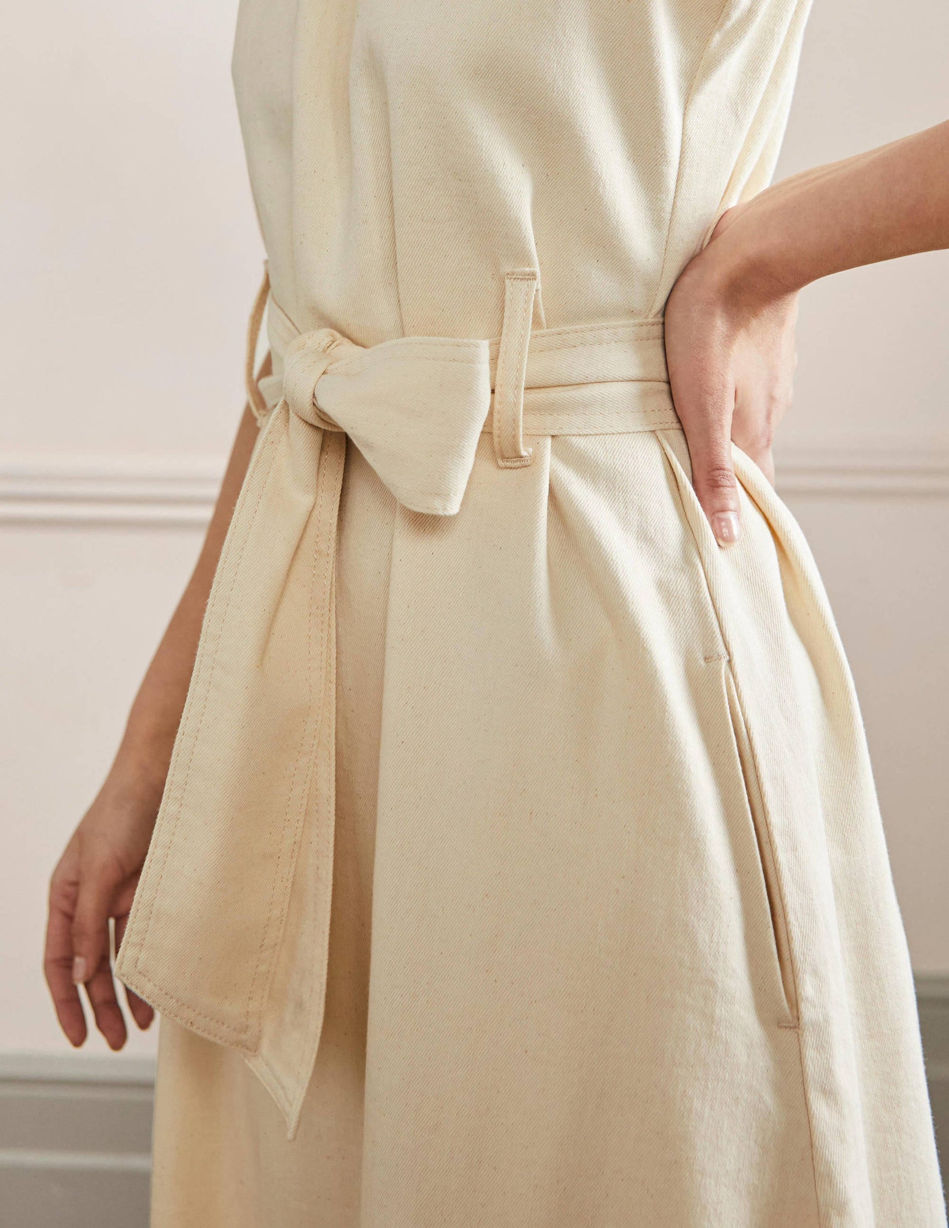 Sleeveless Belted Midi Dress-Ecru-5