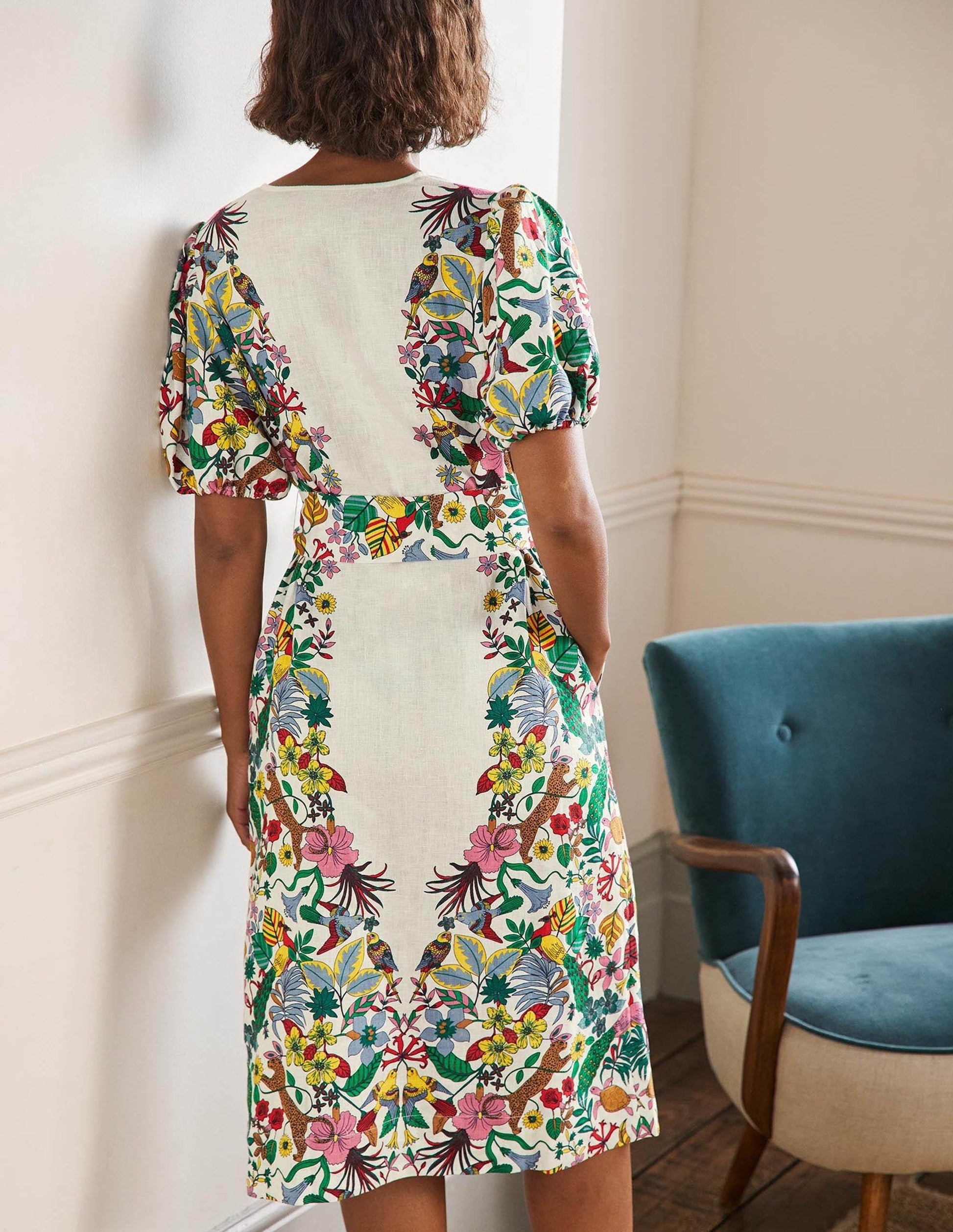 Puff Sleeve Linen Midi Dress-Ivory, Exotic Paradise-8