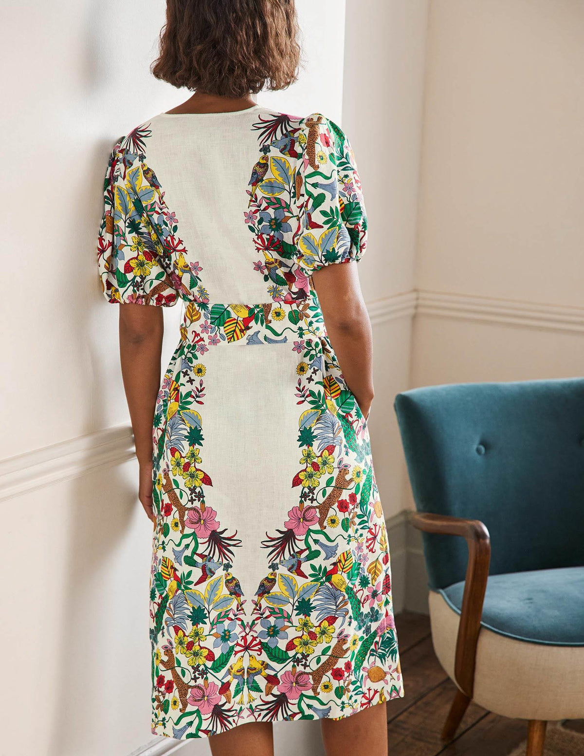 Puff Sleeve Linen Midi Dress-Ivory, Exotic Paradise - Image 8
